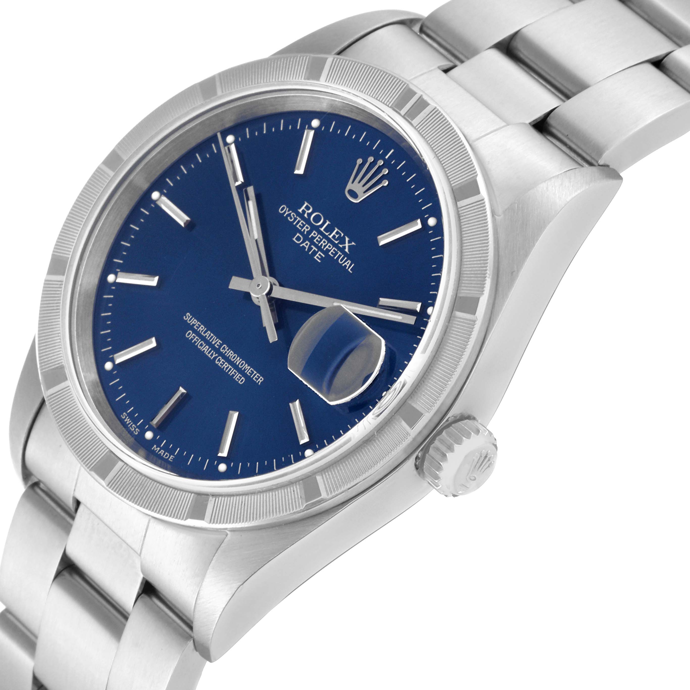The image shows a Rolex Date 15210 Men's Stainless Steel Blue Dial 15210 Men's Stainless Steel Blue Dial model watch at a slight angle, highlighting the blue dial, bezel, case, and a portion of the bracelet.