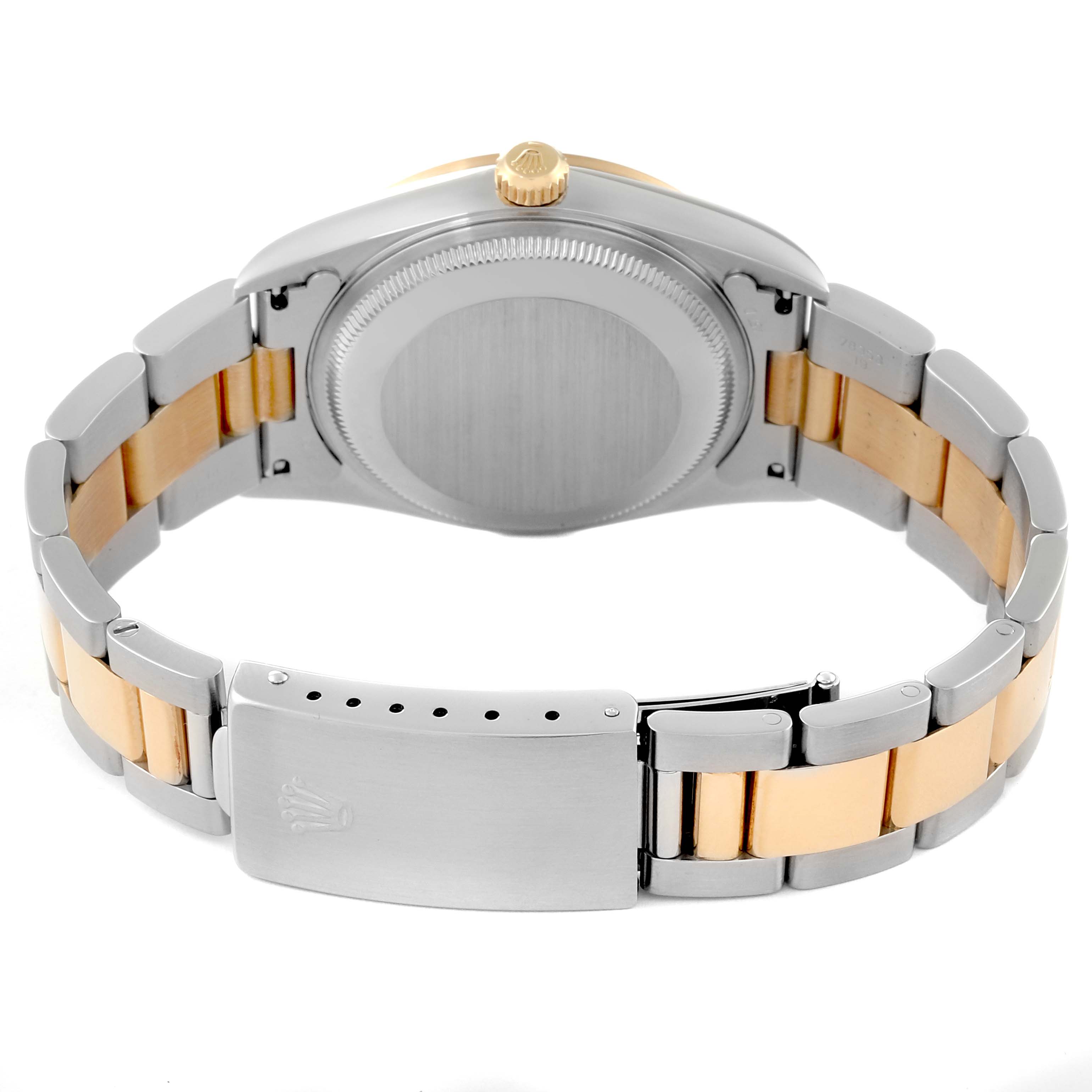 The image shows the back view of the Rolex Date 15203 Men's Steel and Gold (two tone) White Dial 15203 Men's Steel and Gold (two tone) White Dial model watch, highlighting the case back, crown, and two-tone bracelet.