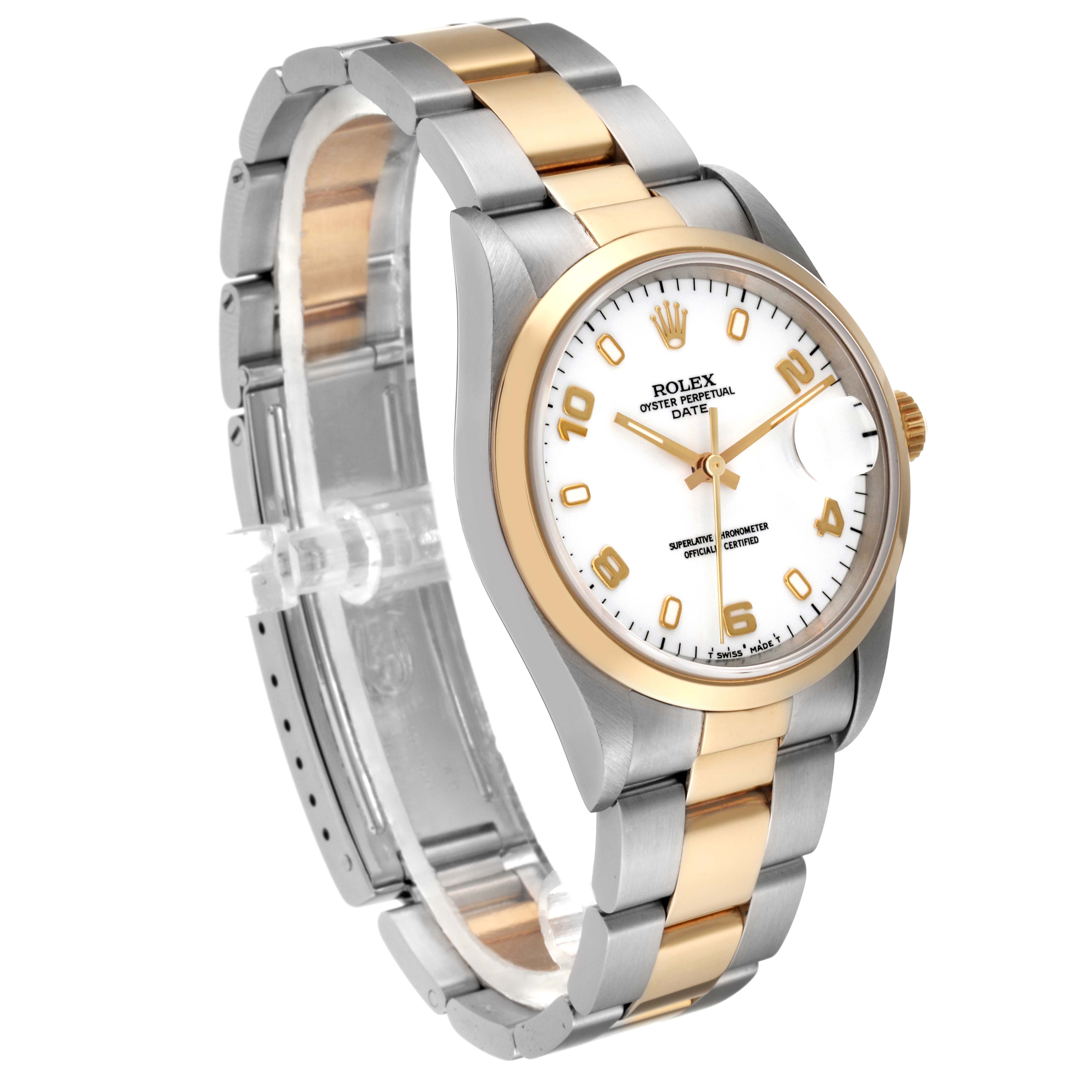 The image shows a Rolex Date 15203 Men's Steel and Gold (two tone) White Dial 15203 Men's Steel and Gold (two tone) White Dial model watch at an angle, highlighting the face, bezel, and two-tone bracelet.