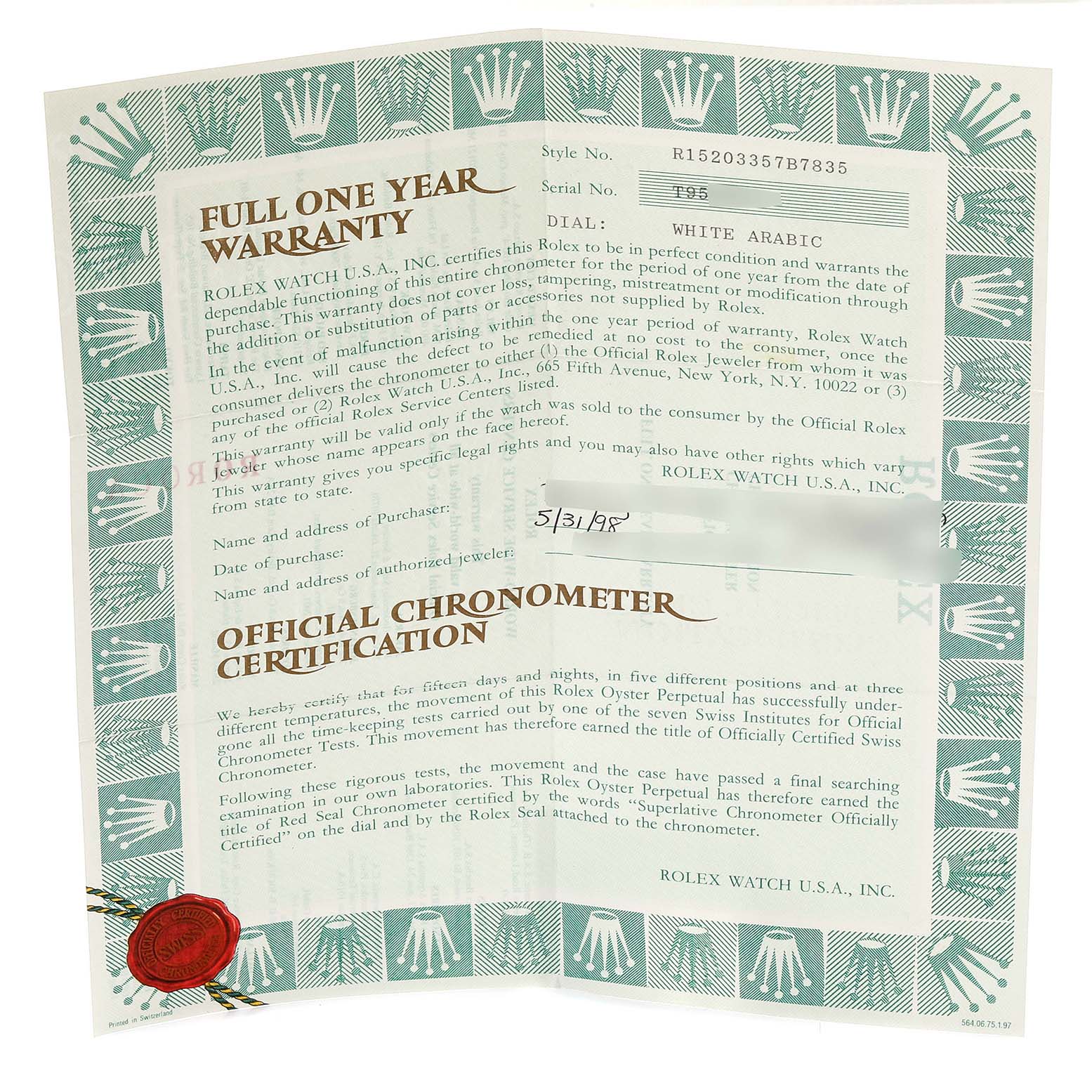 The image shows an official one-year warranty and chronometer certification document for the Rolex Date 15203 Men's Steel and Gold (two tone) White Dial 15203 Men's Steel and Gold (two tone) White Dial model.