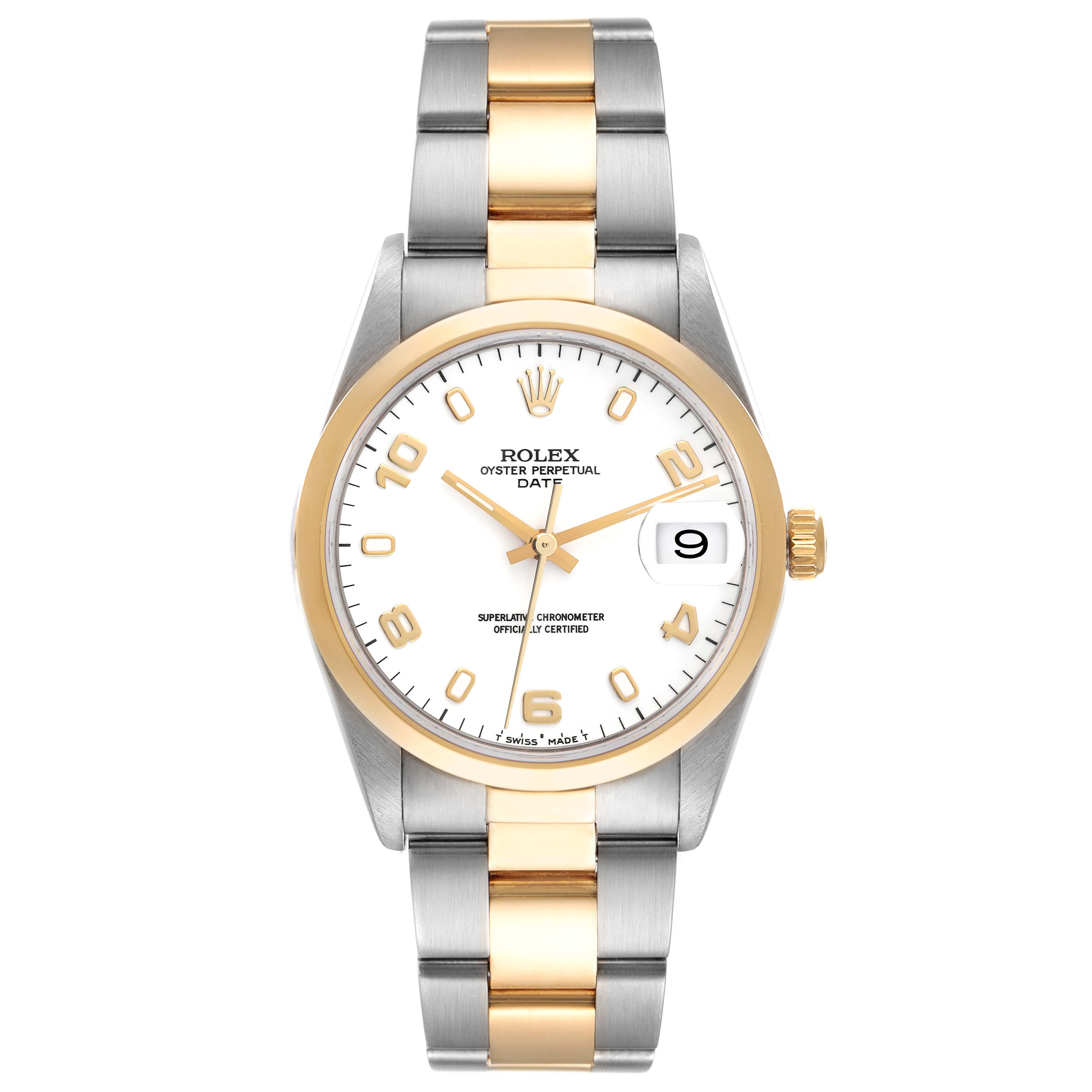 This image shows a front view of a Rolex Oyster Perpetual Date watch, displaying the face, bezel, and bracelet prominently.