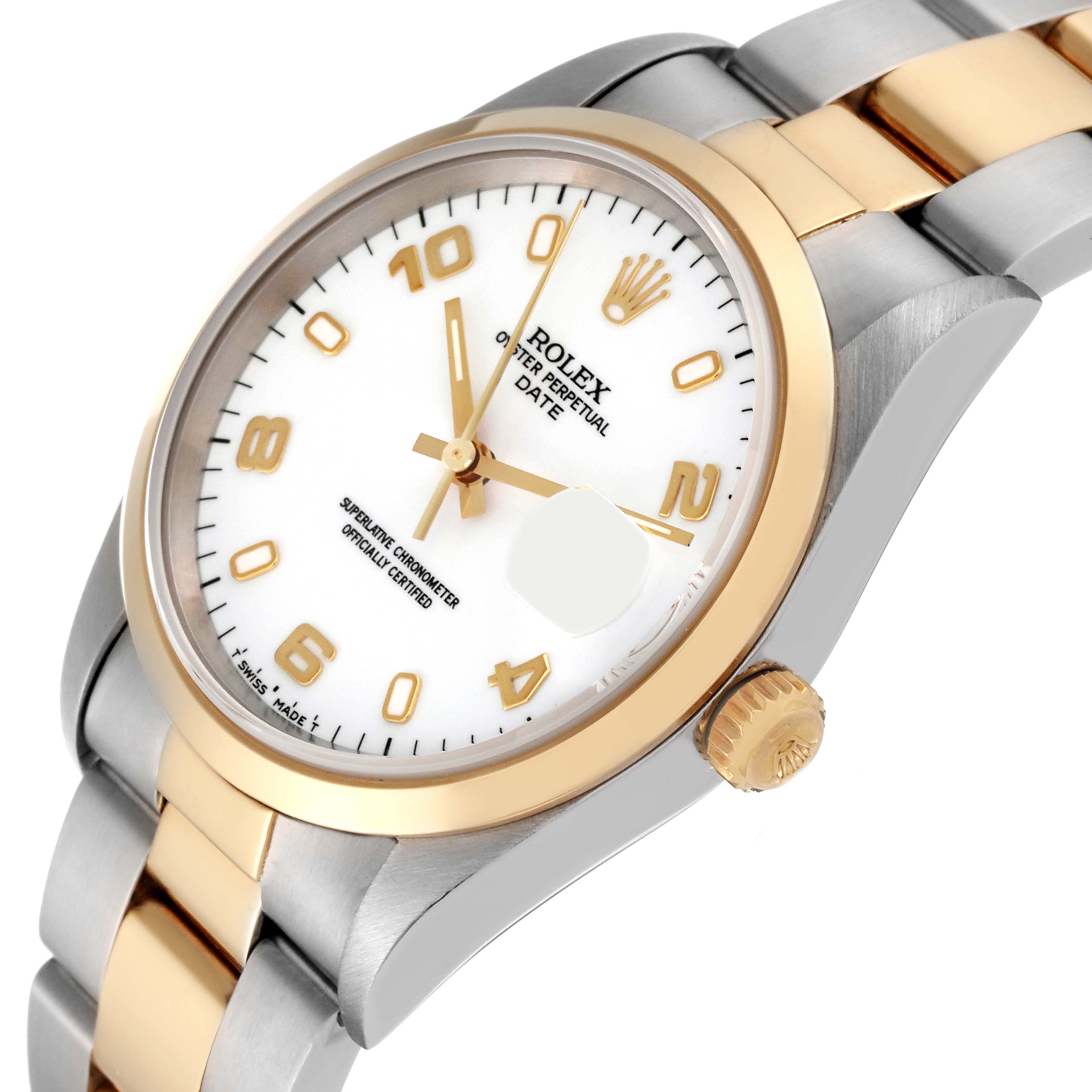 The image shows a close-up of the Rolex Date 15203 Men's Steel and Gold (two tone) White Dial 15203 Men's Steel and Gold (two tone) White Dial model watch featuring the dial, crown, and part of the bracelet.