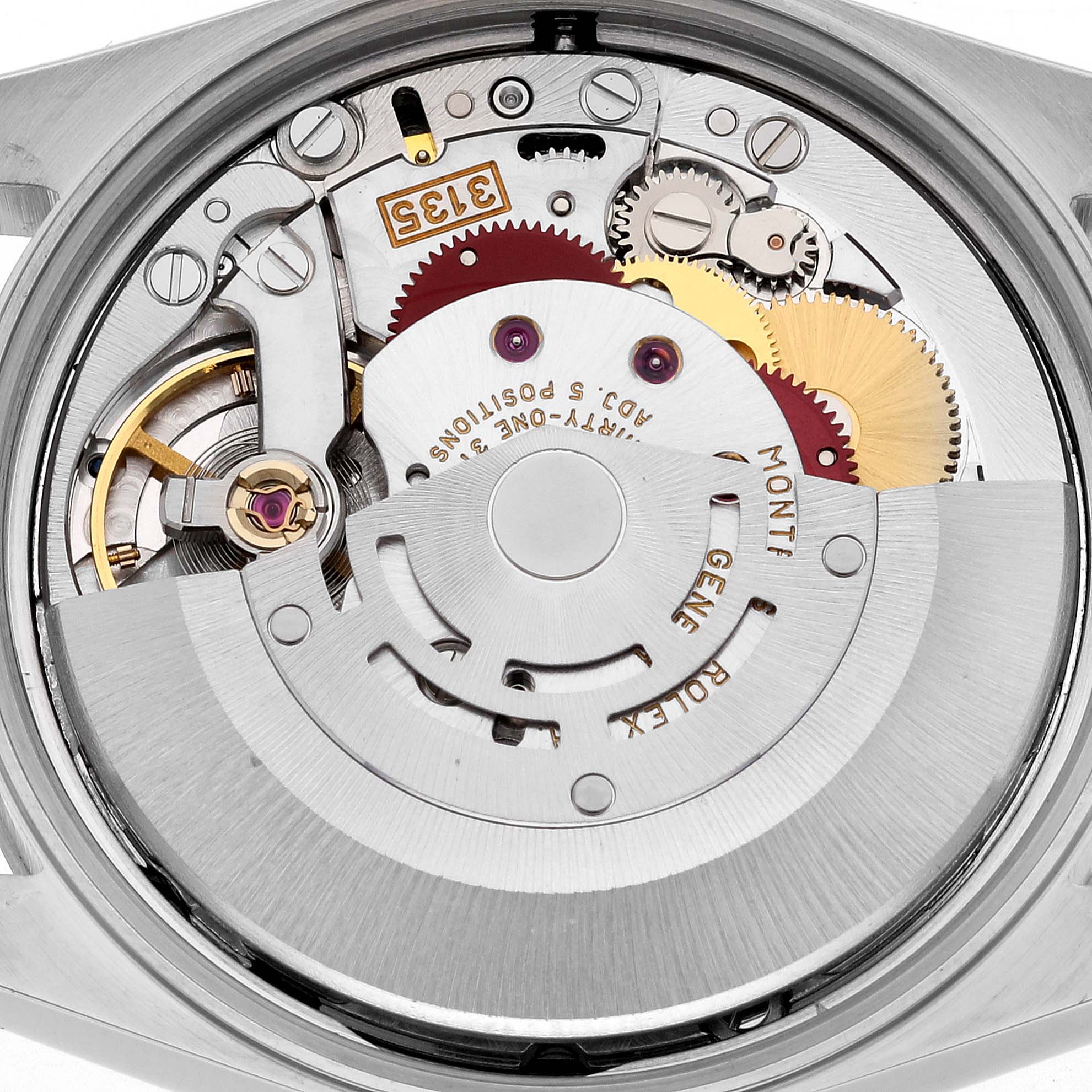 The image shows the internal movement of the Rolex Date 15203 Men's Steel and Gold (two tone) White Dial 15203 Men's Steel and Gold (two tone) White Dial model, viewed from the back, highlighting gears and the rotor.