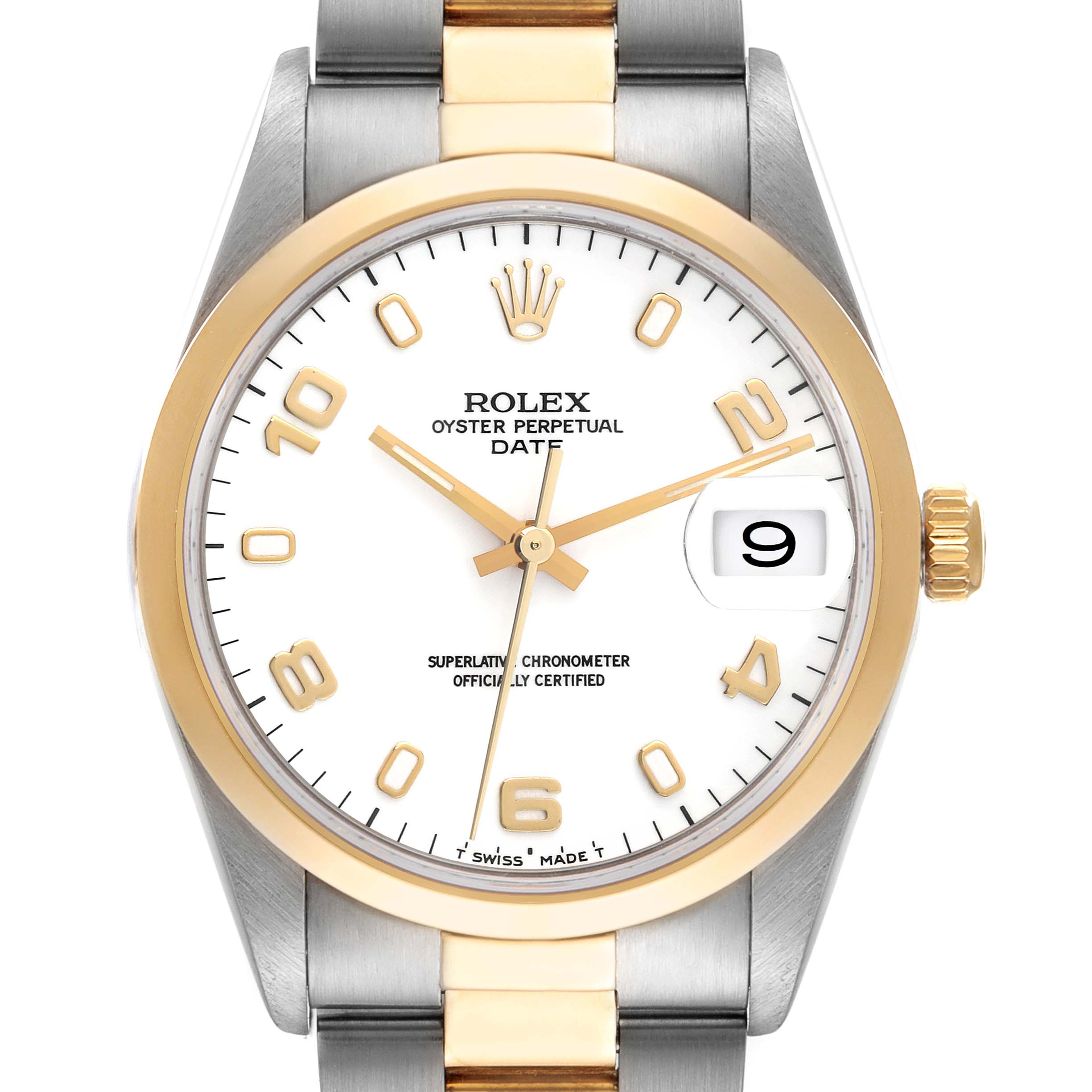 The watch, a Rolex Date 15203 Men's Steel and Gold (two tone) White Dial 15203 Men's Steel and Gold (two tone) White Dial model, is shown from a front angle, highlighting its dial, bezel, crown, and part of the bracelet.