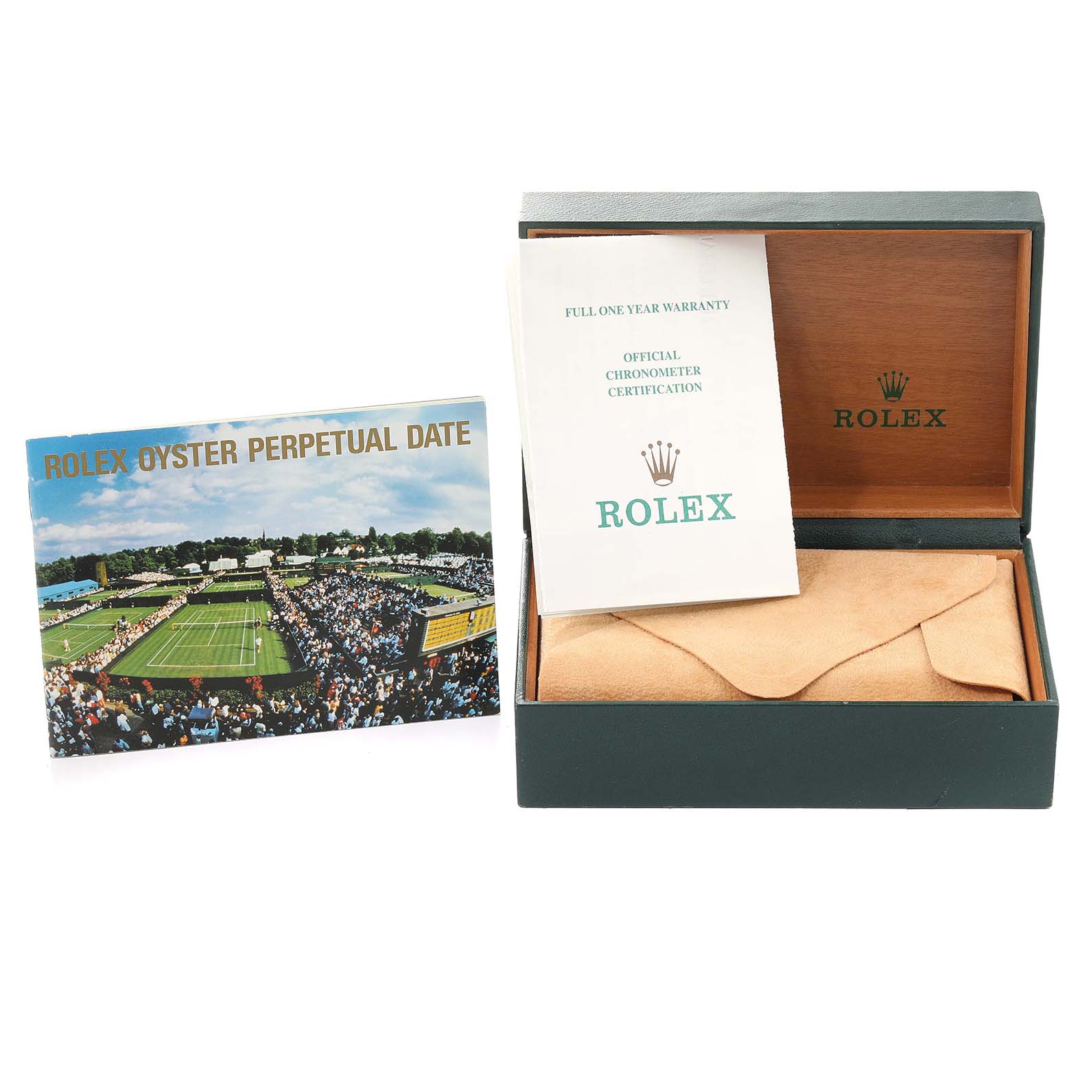 The image shows the packaging, warranty card, certification, and booklet for a Rolex Oyster Perpetual Date watch.