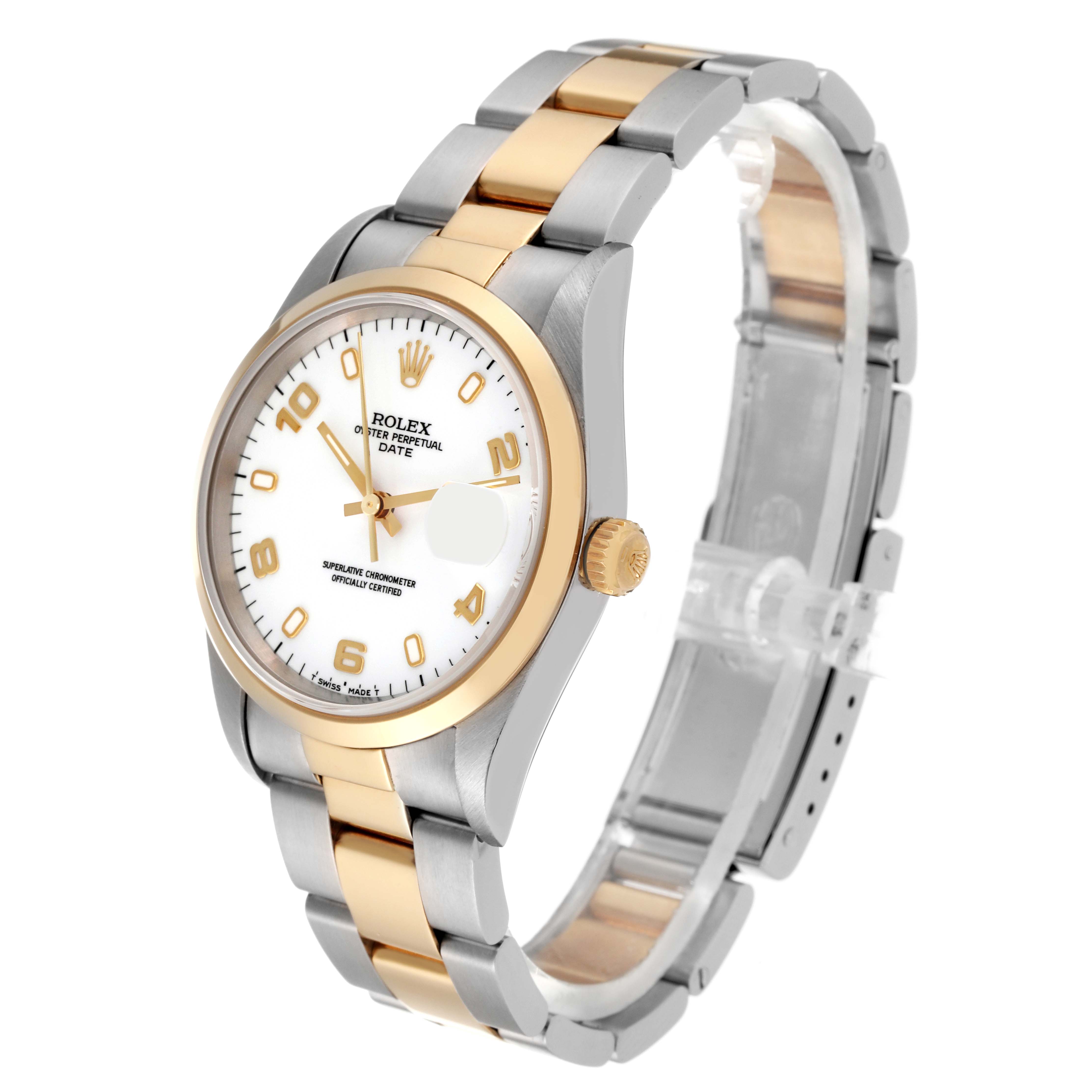 The image shows a Rolex Date 15203 Men's Steel and Gold (two tone) White Dial 15203 Men's Steel and Gold (two tone) White Dial model watch at a slight angle, highlighting its gold and silver bracelet, face, and crown.