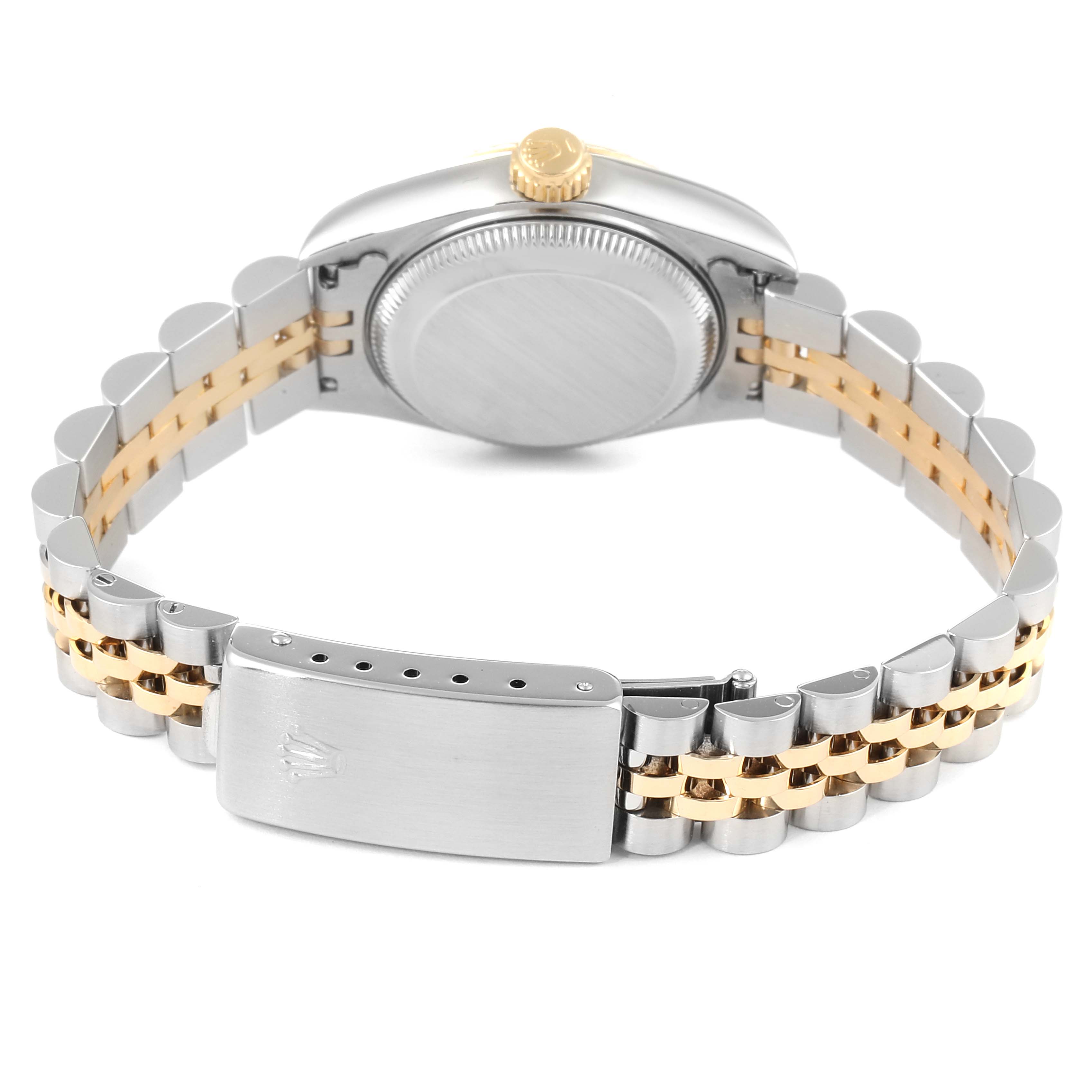 This image shows the backside and clasp of the Rolex Datejust 69173 Women's Steel and Gold (two tone) Champagne Dial 69173 Women's Steel and Gold (two tone) Champagne Dial watch, highlighting its two-tone bracelet and case back.