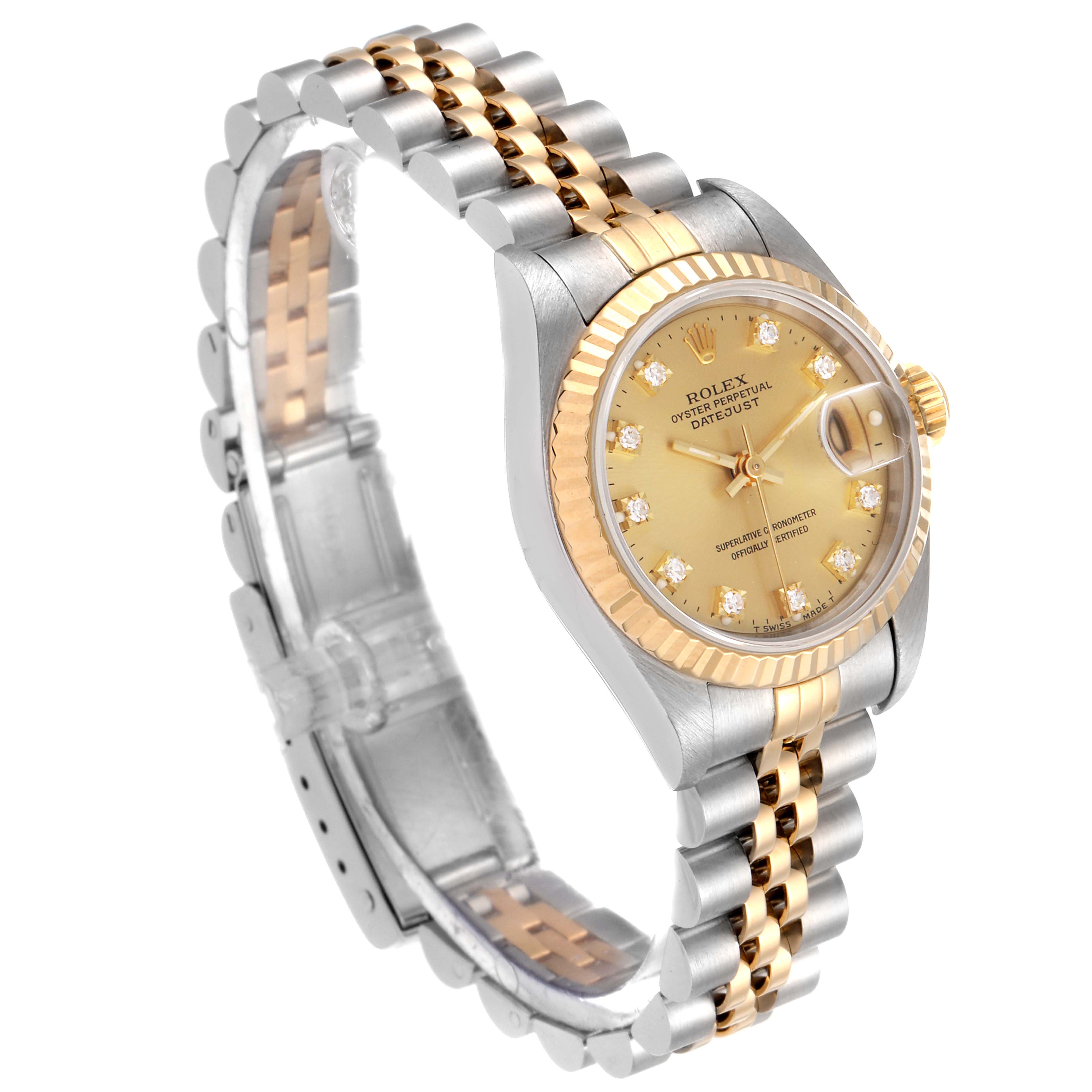 This image shows a Rolex Datejust 69173 Women's Steel and Gold (two tone) Champagne Dial 69173 Women's Steel and Gold (two tone) Champagne Dial watch at a three-quarter angle, highlighting the dial, bezel, bracelet, and clasp.