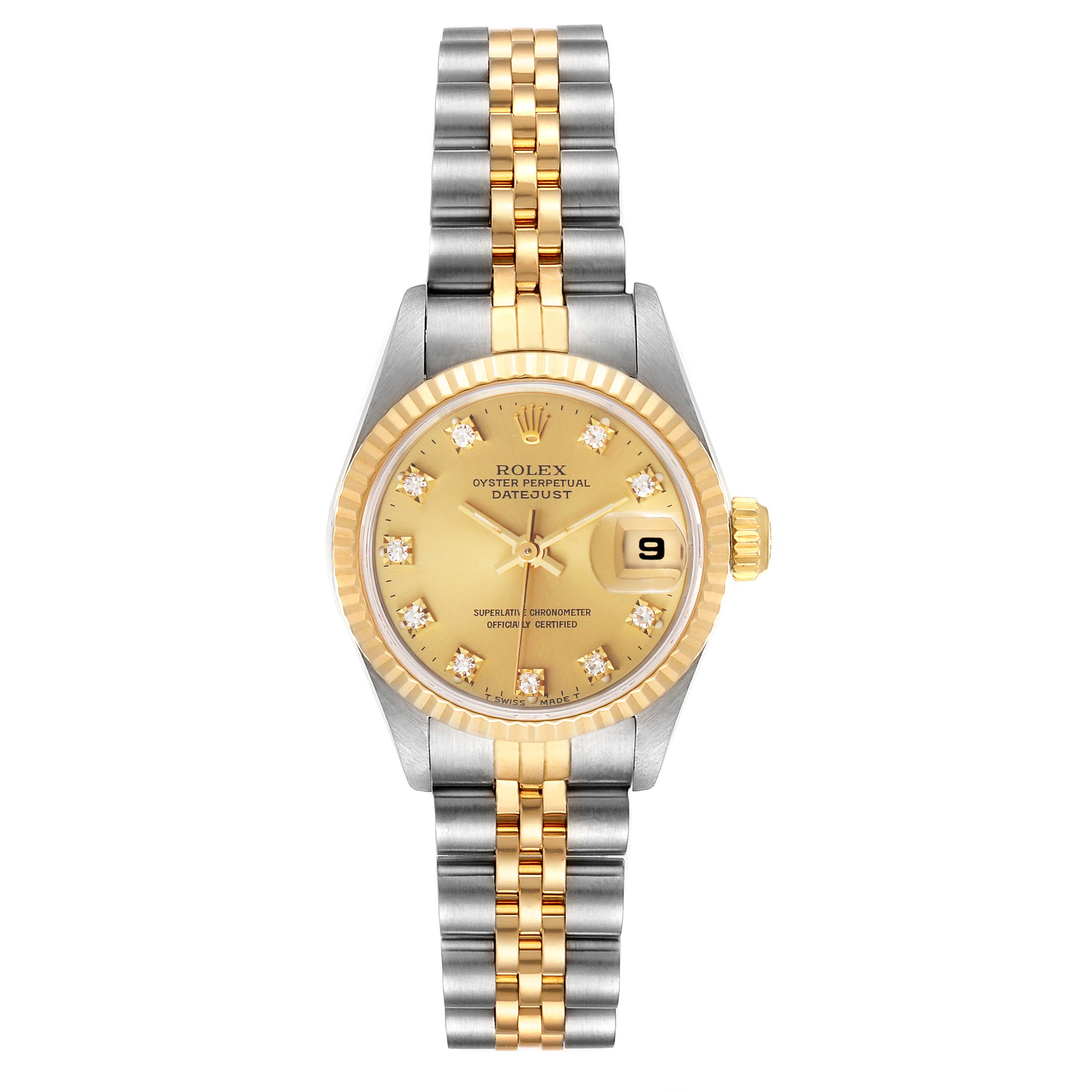 This is a Rolex Datejust 69173 Women's Steel and Gold (two tone) Champagne Dial 69173 Women's Steel and Gold (two tone) Champagne Dial watch, shown from a top-down angle, displaying the face, bezel, and two-tone bracelet.