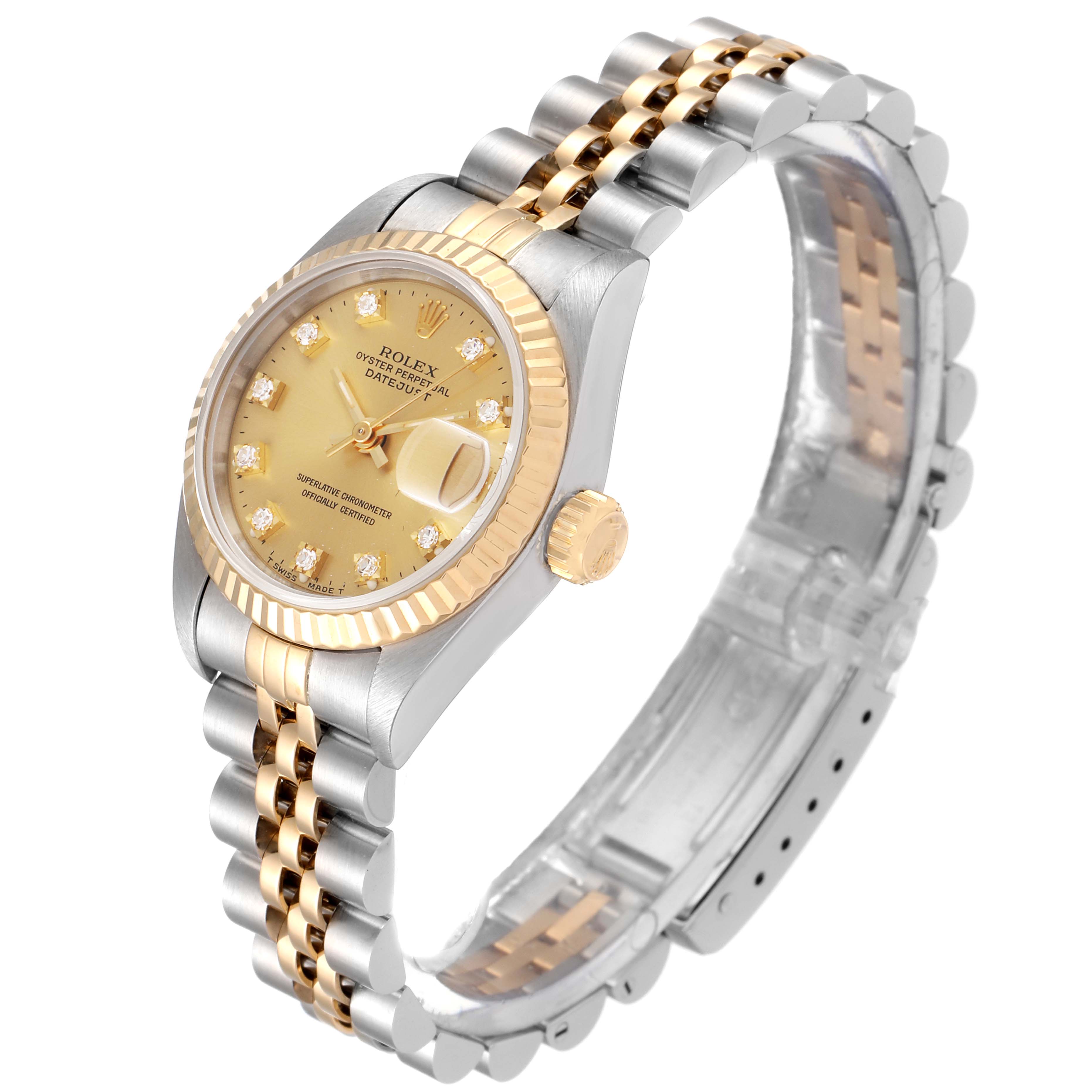 The Rolex Datejust 69173 Women's Steel and Gold (two tone) Champagne Dial 69173 Women's Steel and Gold (two tone) Champagne Dial watch is shown at a three-quarter angle, displaying its two-tone bracelet, gold fluted bezel, and champagne dial with diamond markers.