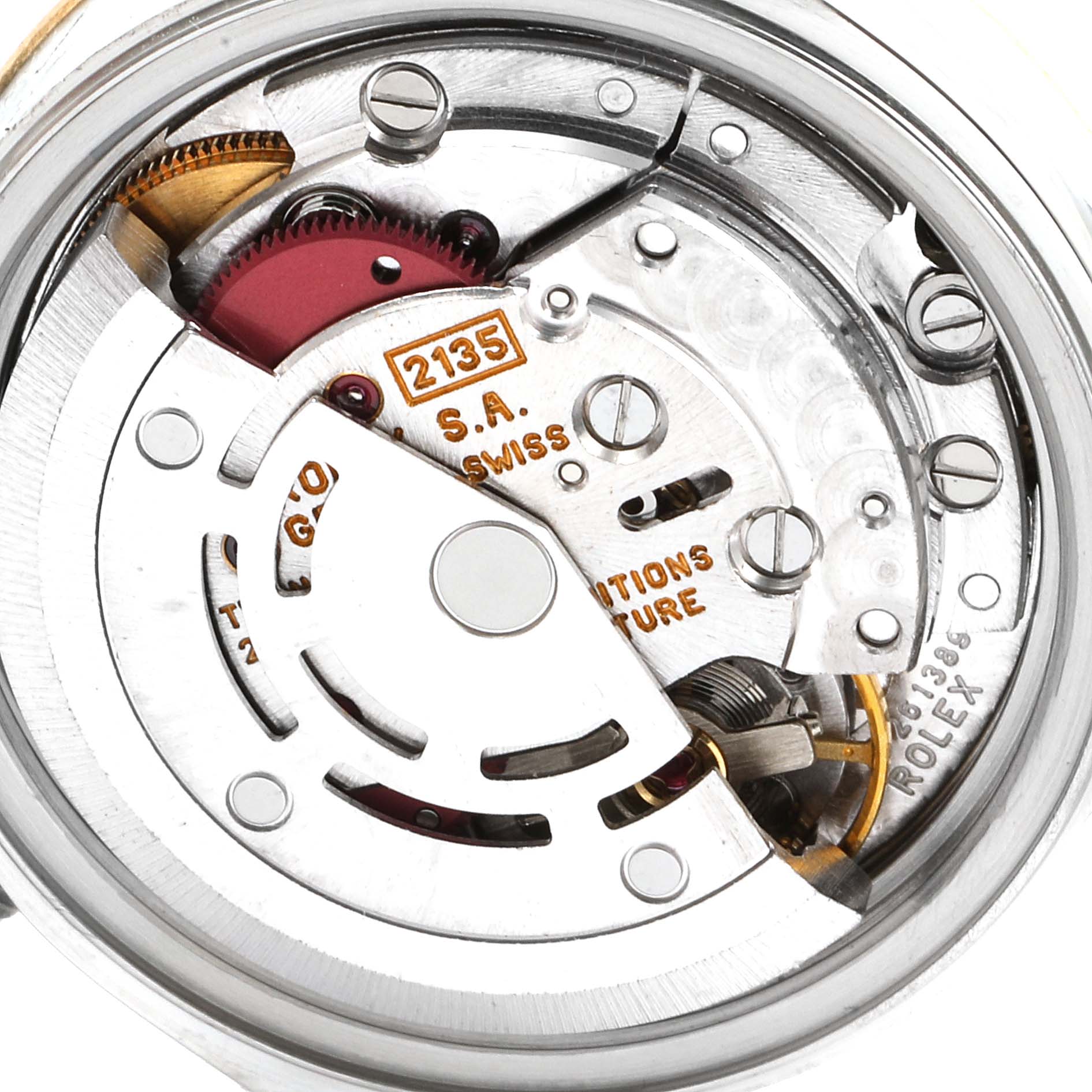 This is an internal movement mechanism of a Rolex Datejust 69173 Women's Steel and Gold (two tone) Champagne Dial 69173 Women's Steel and Gold (two tone) Champagne Dial watch, shown from a top-down angle.