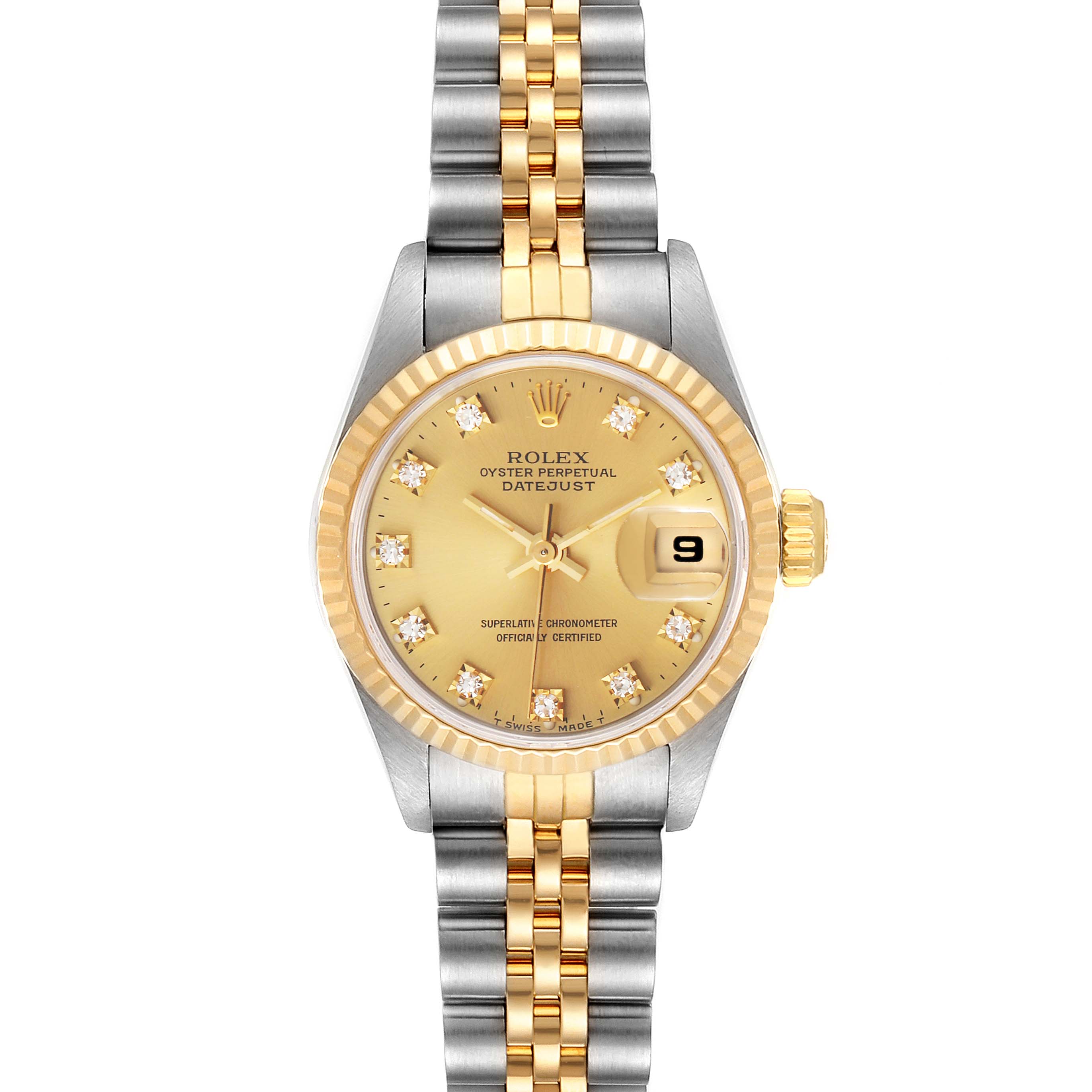 Front view of a Rolex Datejust 69173 Women's Steel and Gold (two tone) Champagne Dial 69173 Women's Steel and Gold (two tone) Champagne Dial watch, showcasing the dial, bezel, and bracelet.
