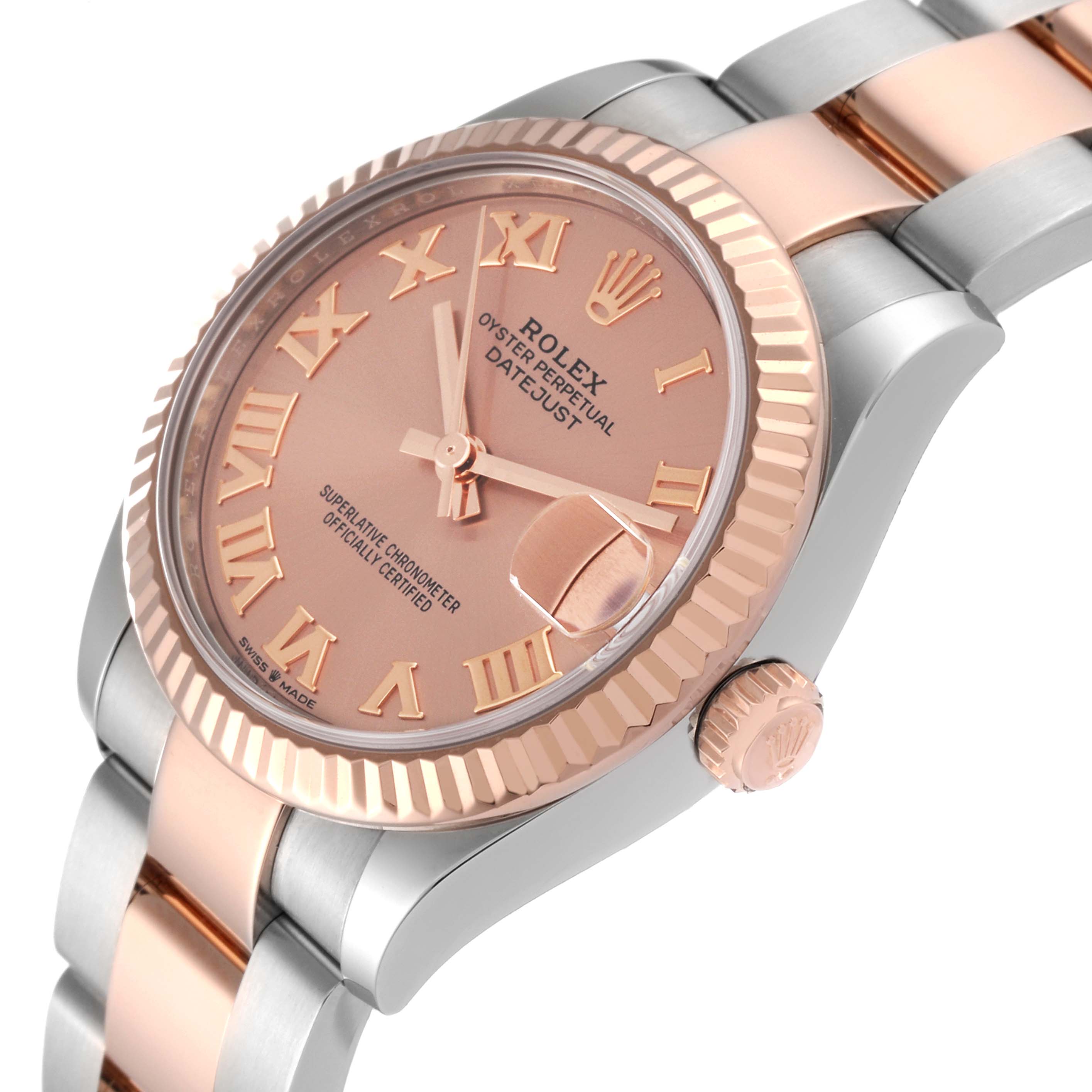 The image shows a Rolex Mid-Size 278271 Women's Steel and Gold (two tone) Pink Dial 278271 Women's Steel and Gold (two tone) Pink Dial Oyster Perpetual Datejust watch at an angle highlighting its dial, bezel, and part of the bracelet.