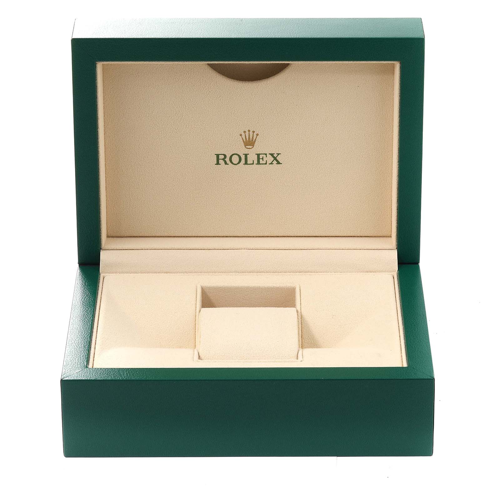 This image shows an open green and beige Rolex watch box for a Mid-Size model, displaying the interior.