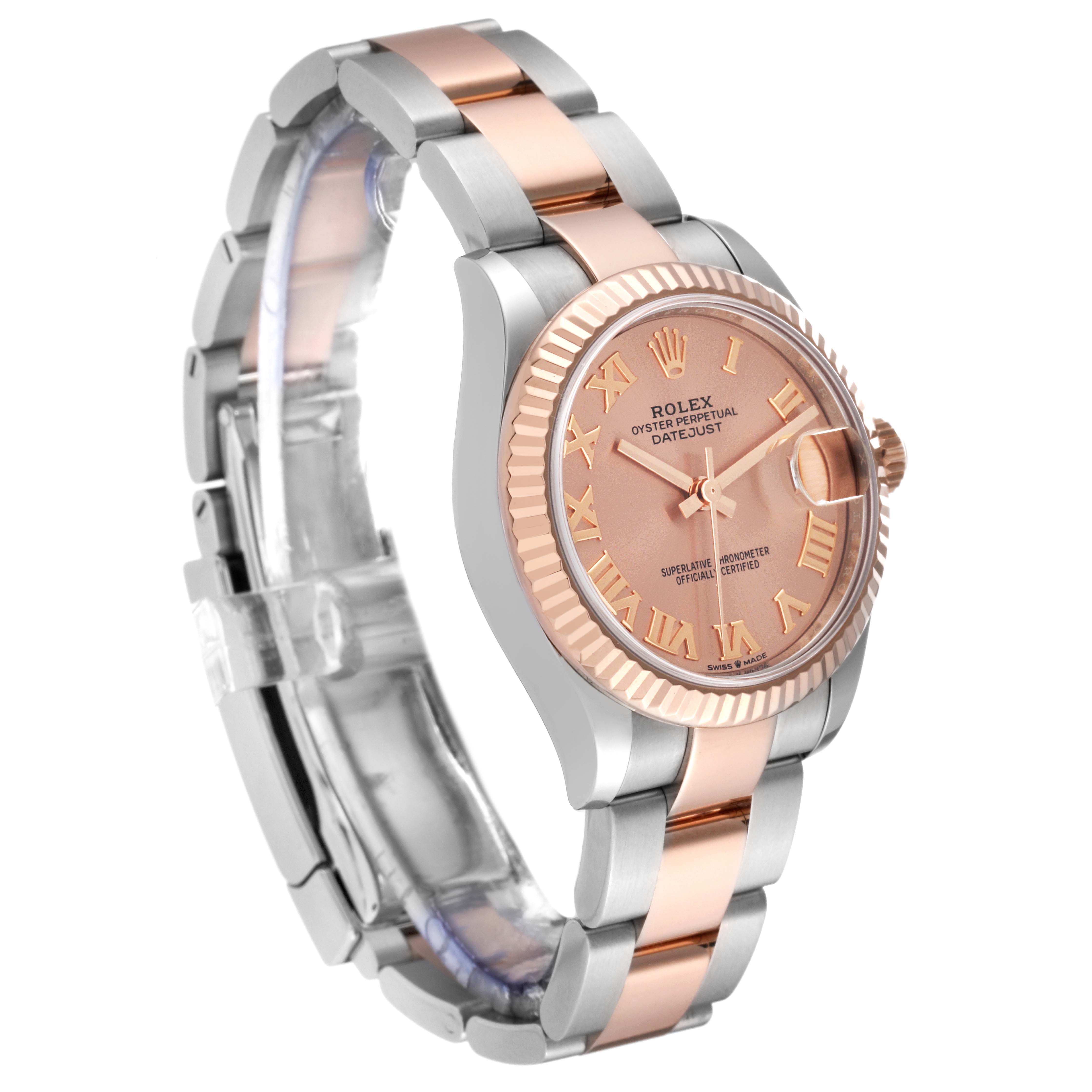 The image shows a side angle of a Rolex Mid-Size 278271 Women's Steel and Gold (two tone) Pink Dial 278271 Women's Steel and Gold (two tone) Pink Dial watch, highlighting the dial, bezel, and two-tone bracelet.