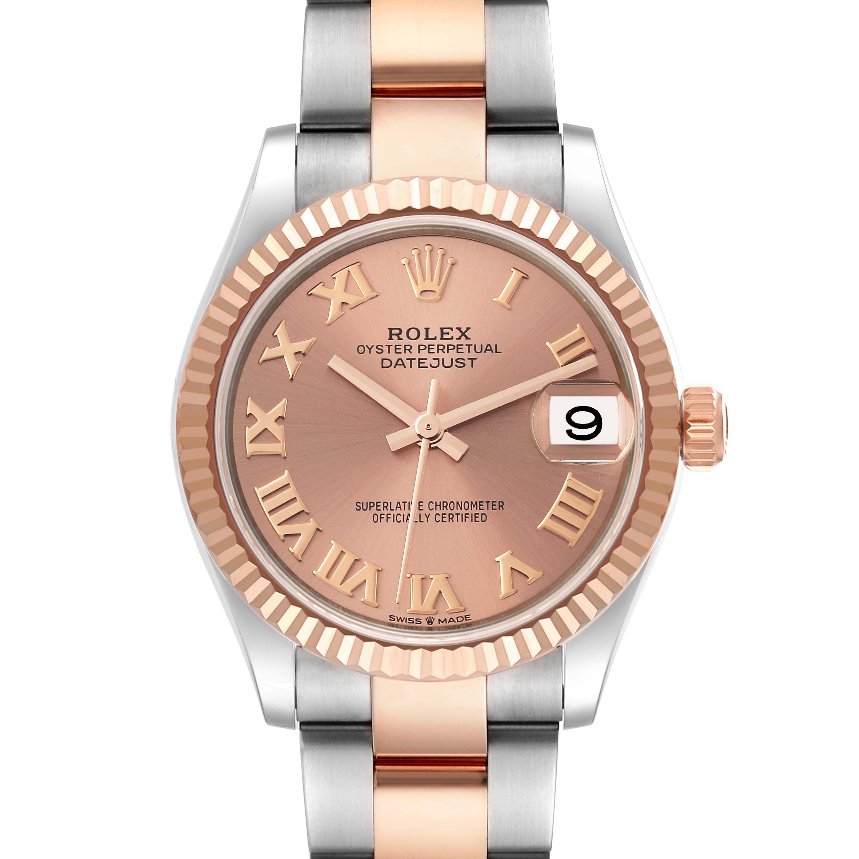 The image features a front view of a Rolex Mid-Size 278271 Women's Steel and Gold (two tone) Pink Dial 278271 Women's Steel and Gold (two tone) Pink Dial Datejust watch, showcasing its dial, bezel, and part of its bracelet.