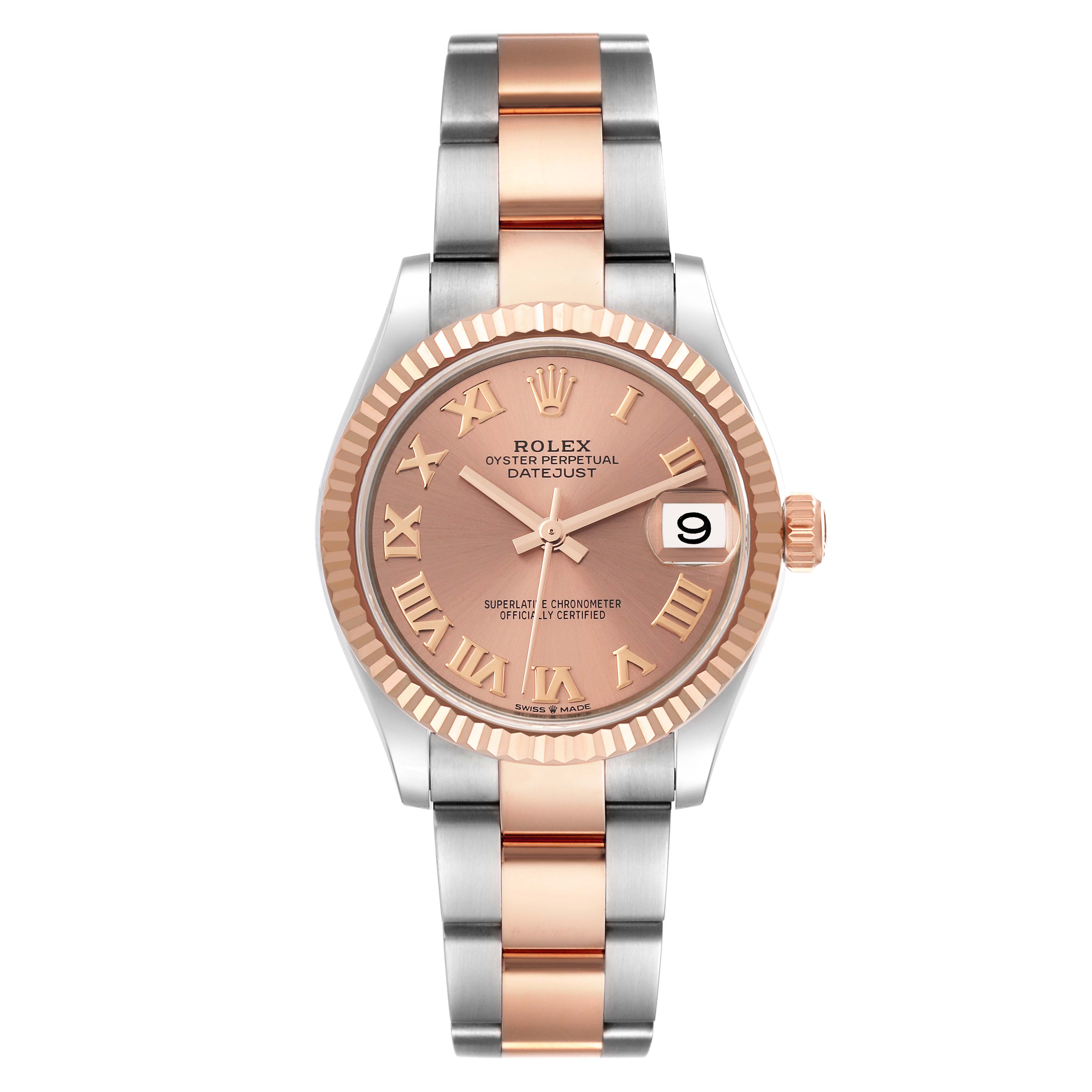 This is a front view of a Rolex Mid-Size 278271 Women's Steel and Gold (two tone) Pink Dial 278271 Women's Steel and Gold (two tone) Pink Dial Datejust watch showcasing the dial, bezel, and bracelet.