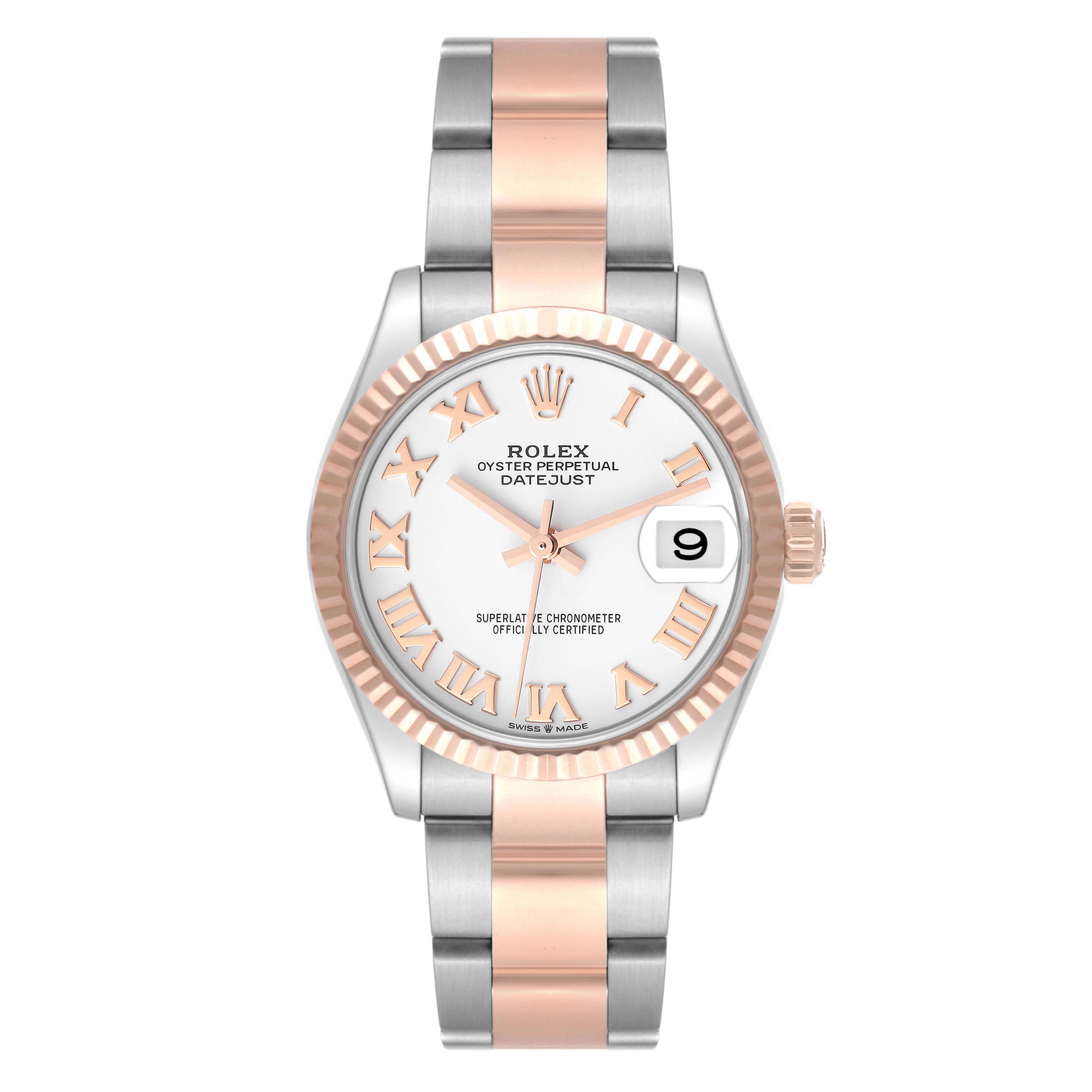 The image shows a front-facing Rolex Datejust Mid-Size watch with a silver and rose gold bracelet and a white dial with Roman numerals.