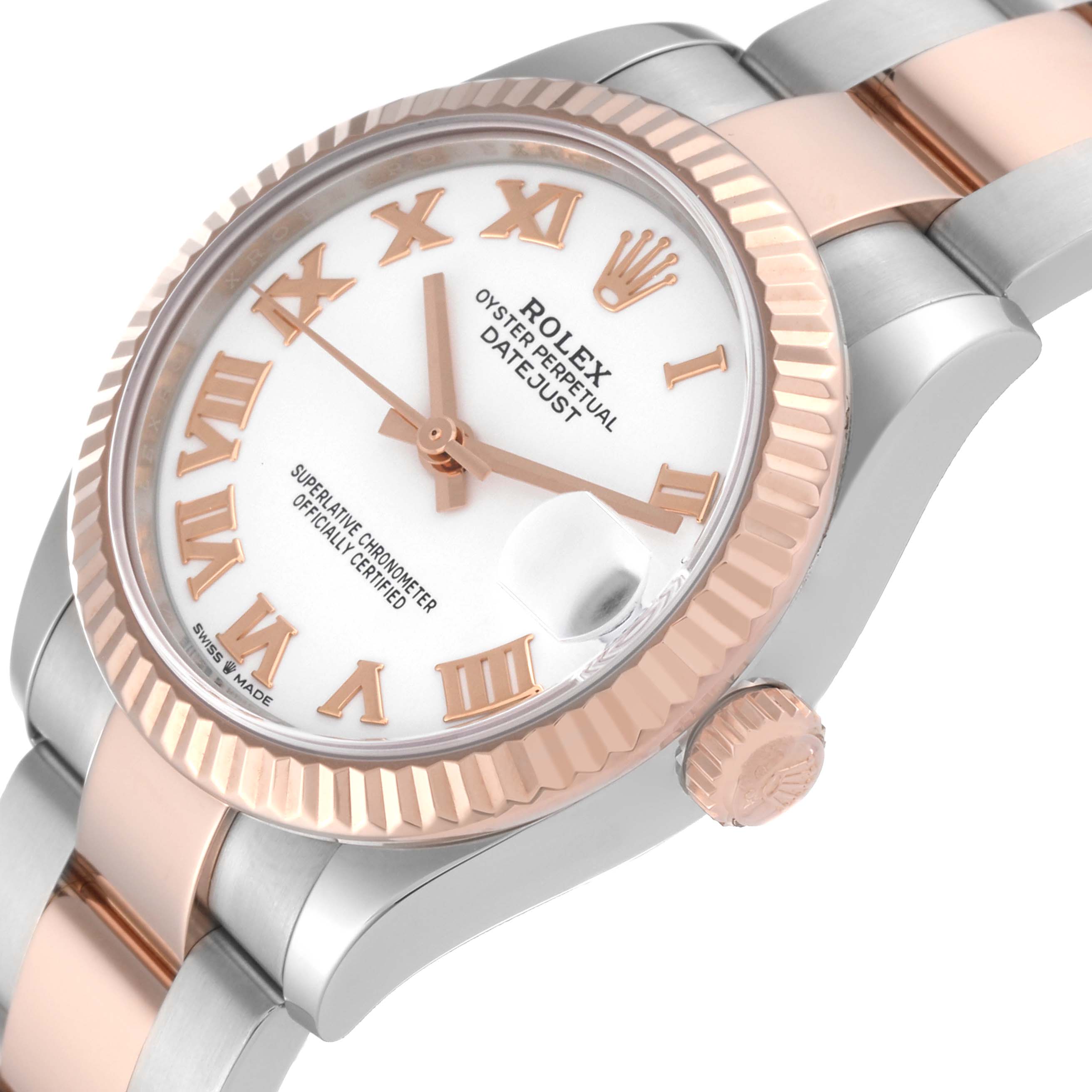 The image shows a close-up of the Rolex Oyster Perpetual Datejust Mid-Size model, highlighting the dial, bezel, and part of the bracelet.