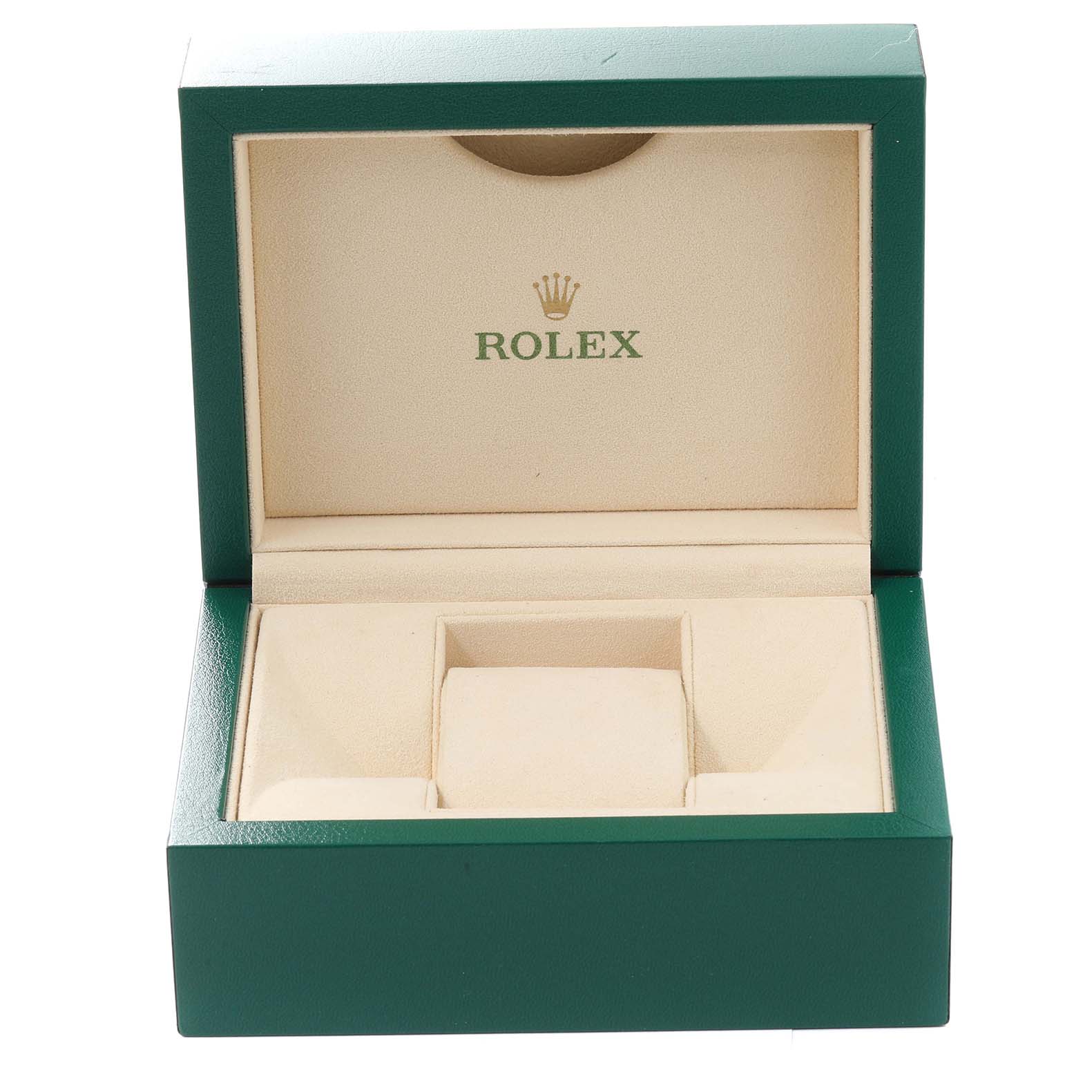 This is an open green Rolex box for a Mid-Size model watch, showing the interior compartments.