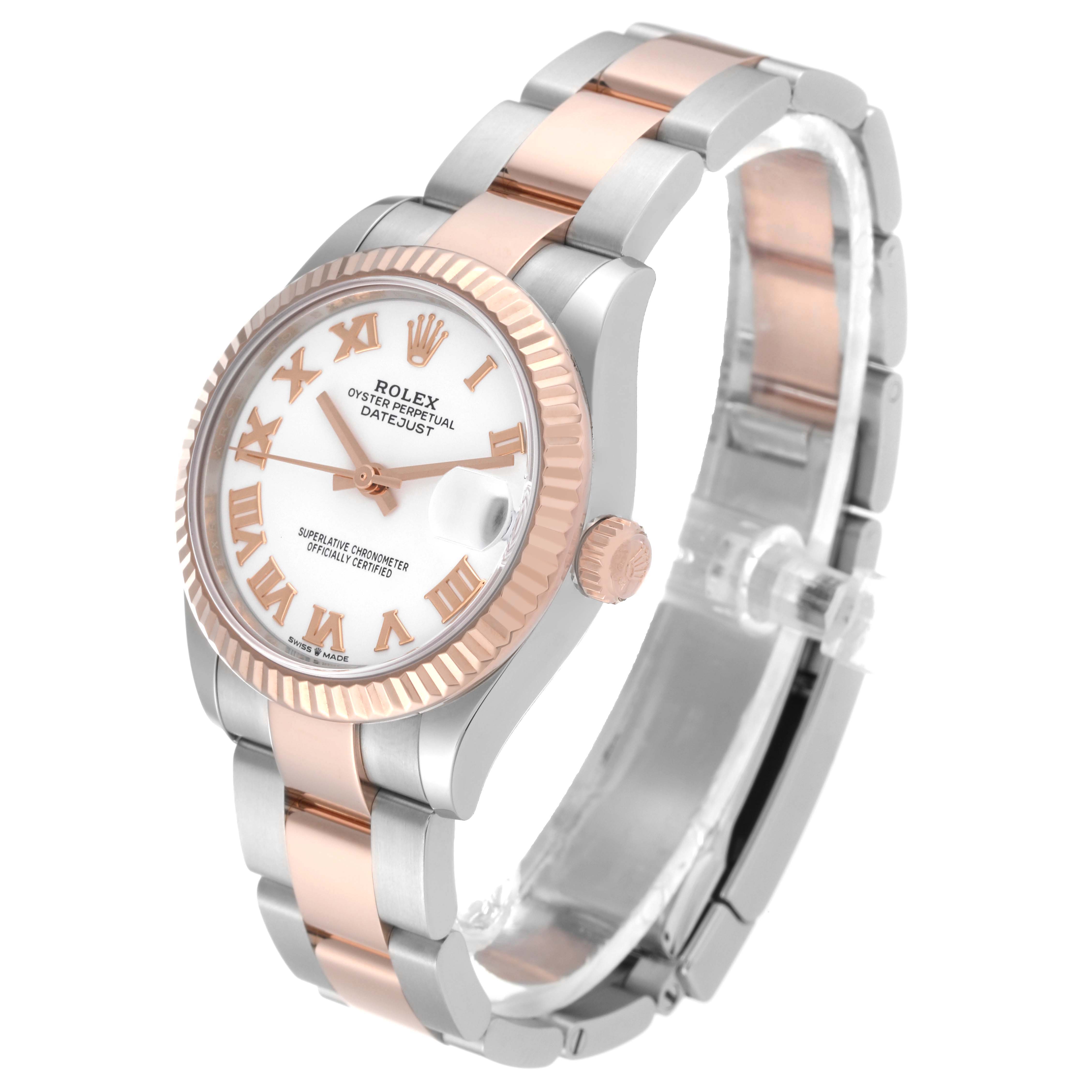 The image shows a side-angle view of a Rolex Mid-Size 278271 Women's Steel and Gold (two tone) White Dial 278271 Women's Steel and Gold (two tone) White Dial Oyster Perpetual Datejust watch, highlighting the dial, case, and bracelet.