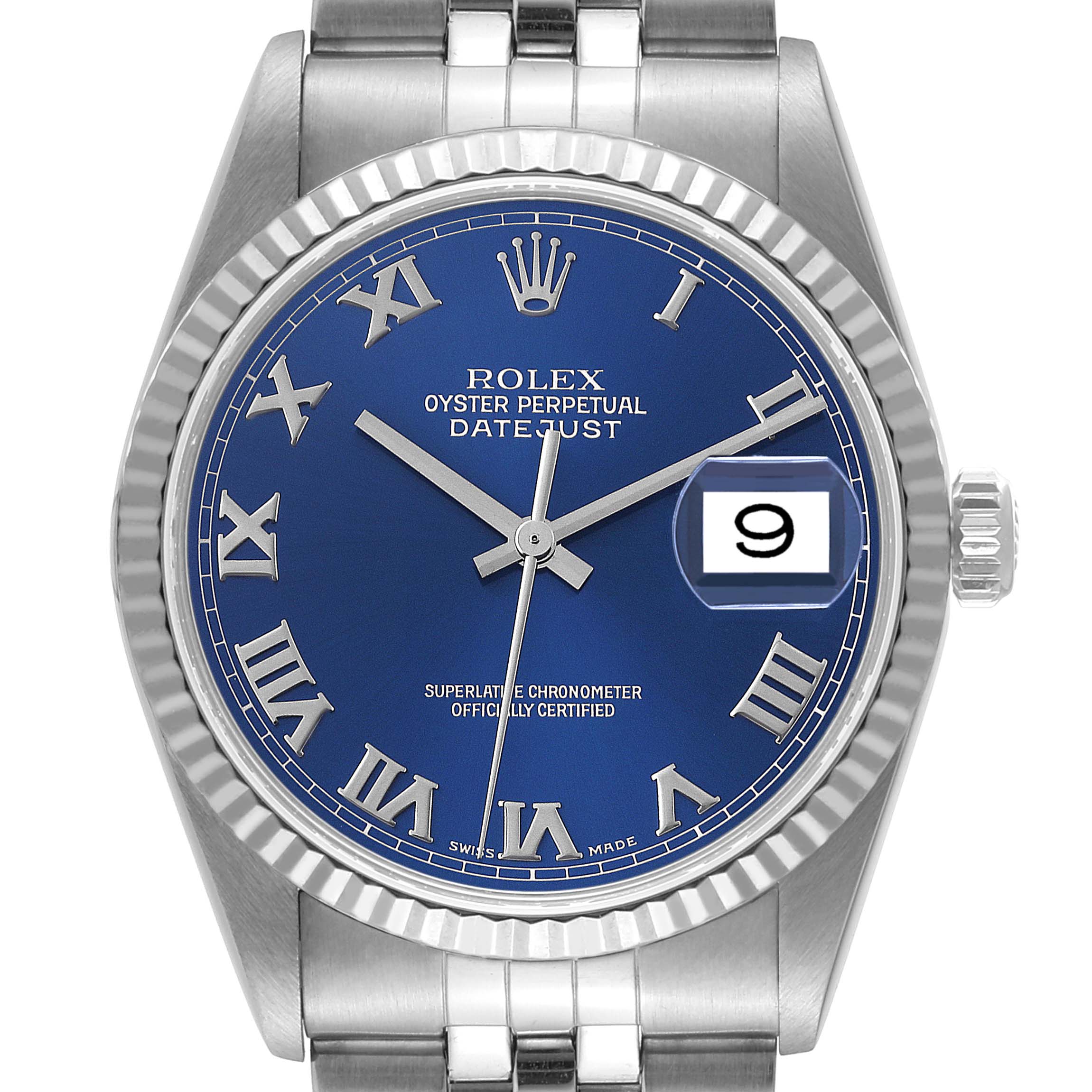 This image shows a frontal view of a Rolex Datejust 16234 Men's Stainless Steel Blue Dial 16234 Men's Stainless Steel Blue Dial watch, highlighting its blue dial, Roman numerals, fluted bezel, and date window.