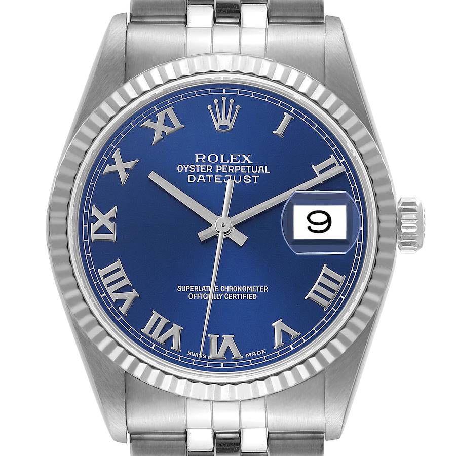 Rolex Datejust Steel White Gold Blue Roman Dial Mens Watch 16234 SwissWatchExpo