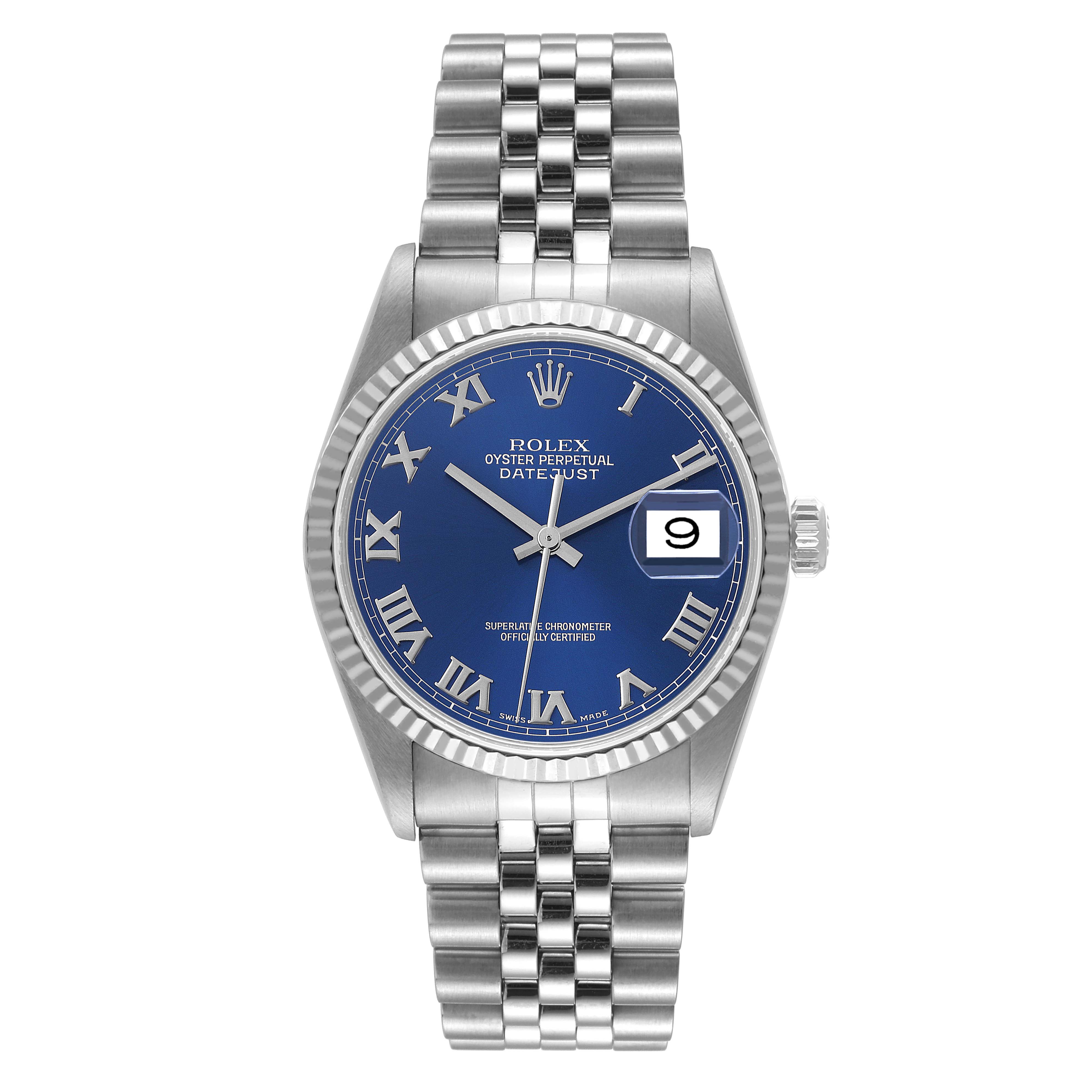 This image shows a front view of a Rolex Datejust 16234 Men's Stainless Steel Blue Dial 16234 Men's Stainless Steel Blue Dial watch featuring a blue dial and a stainless steel jubilee bracelet.
