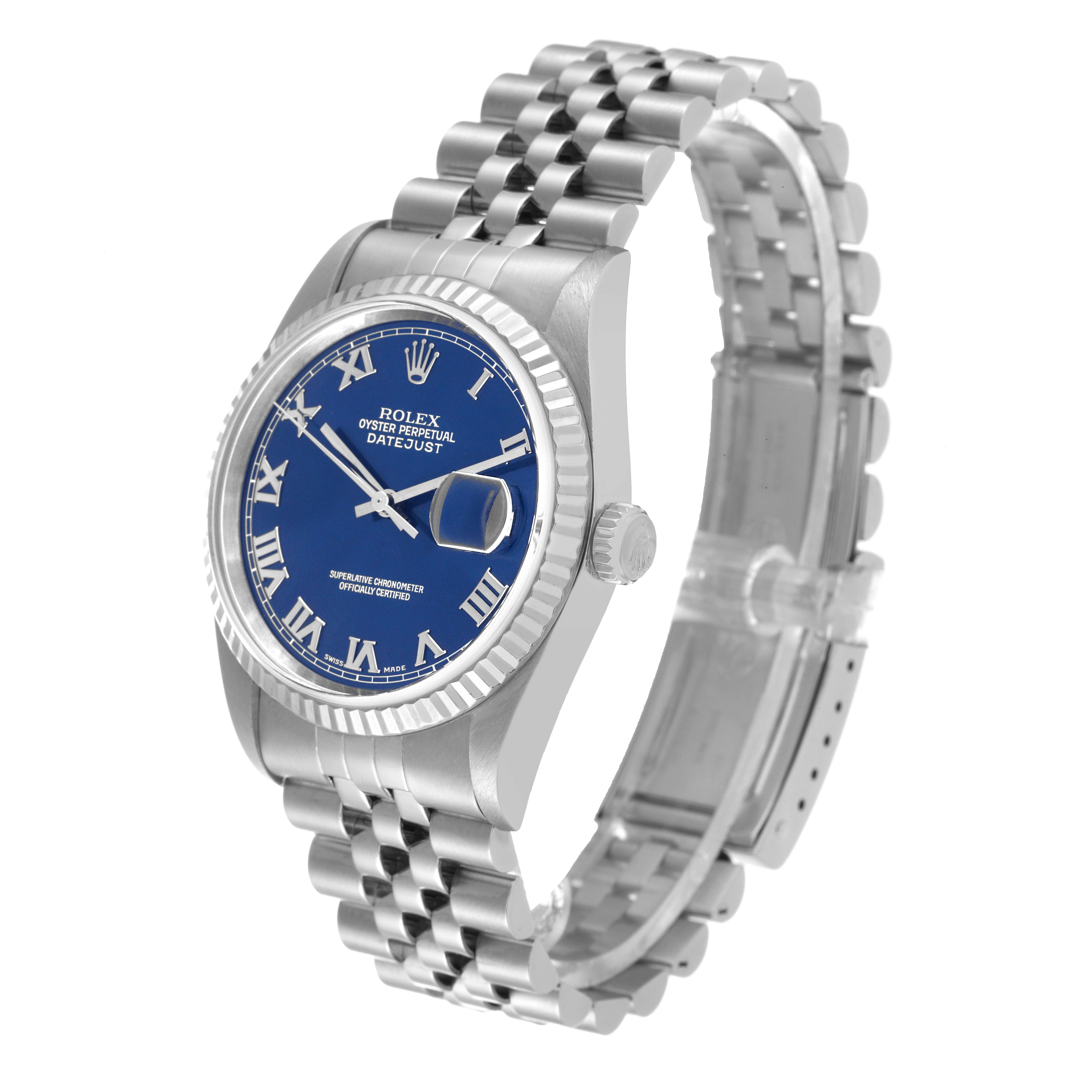The image displays a side and frontal view of a Rolex Datejust 16234 Men's Stainless Steel Blue Dial 16234 Men's Stainless Steel Blue Dial watch, showcasing its blue dial, fluted bezel, and Jubilee bracelet.