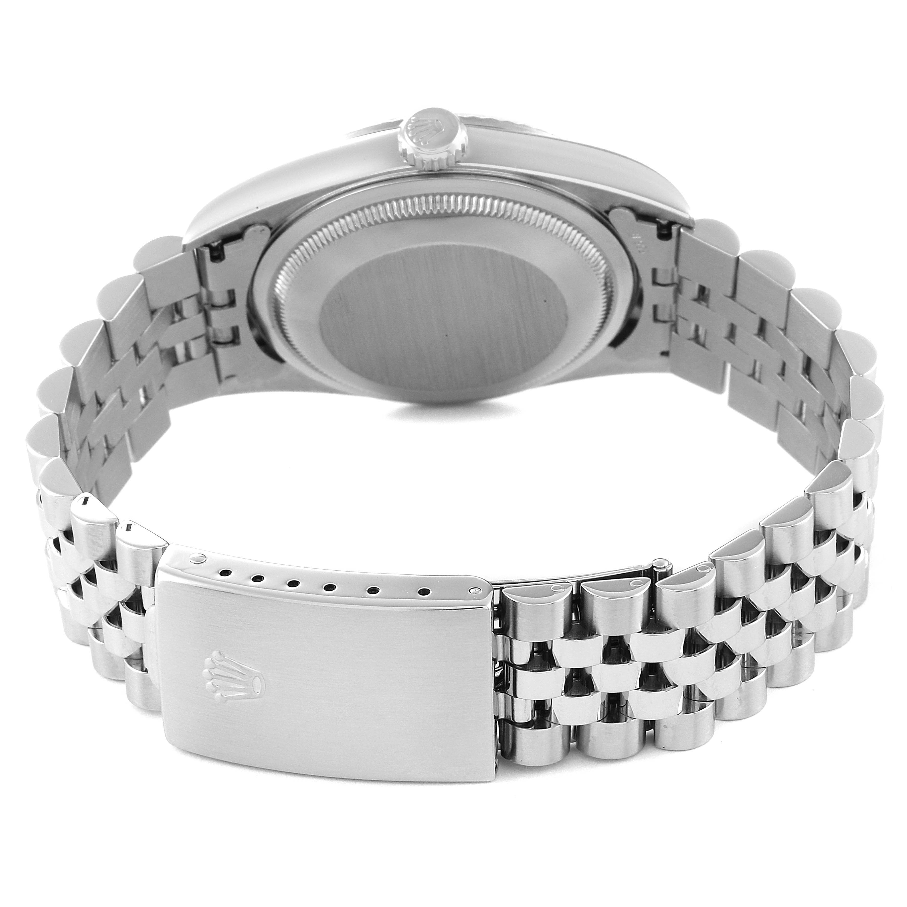 This image shows the back view of the Rolex Datejust 16234 Men's Stainless Steel Blue Dial 16234 Men's Stainless Steel Blue Dial watch, displaying its case back and Jubilee bracelet with clasp.