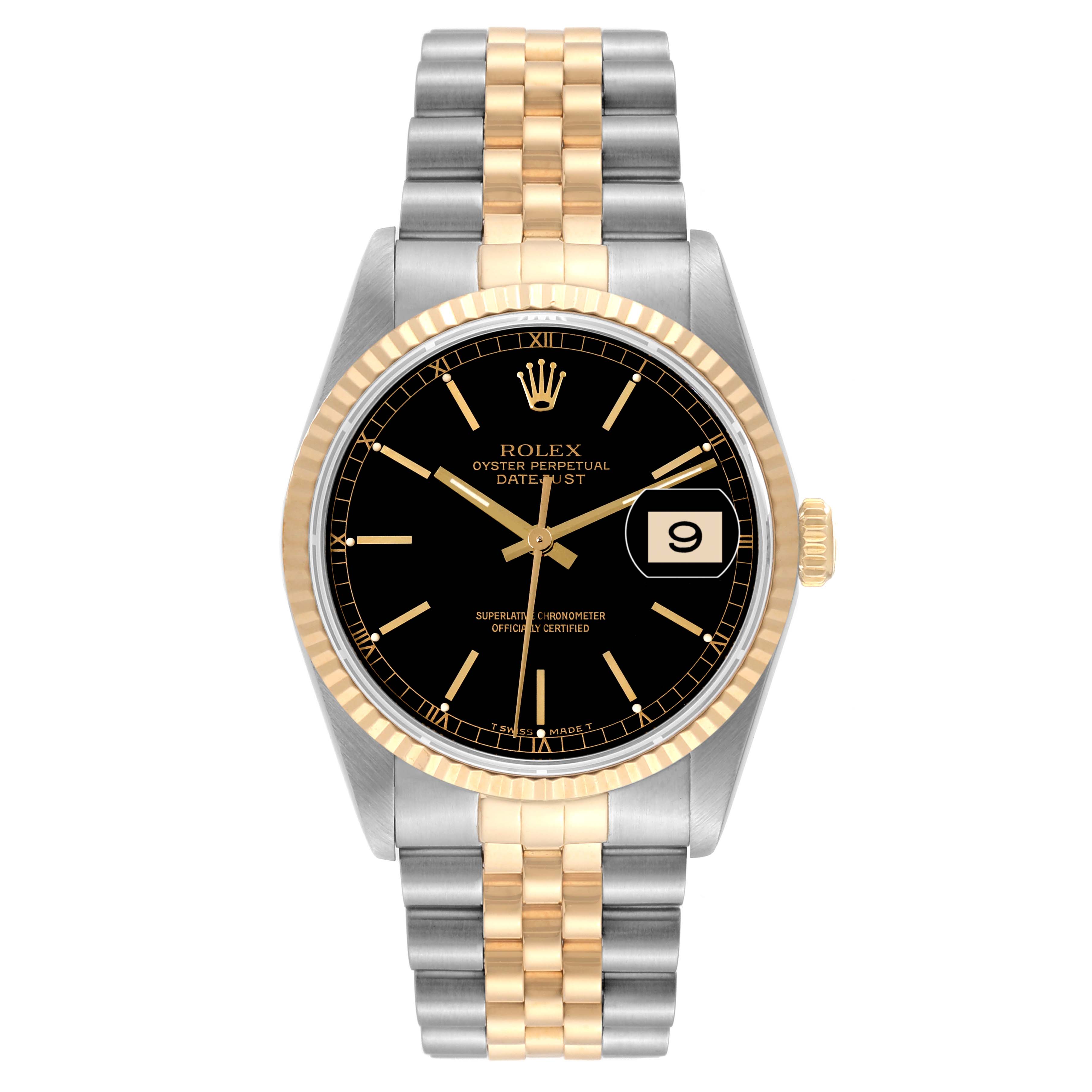 This image shows a frontal view of a Rolex Datejust 16233 Men's Steel and Gold (two tone) Black Dial 16233 Men's Steel and Gold (two tone) Black Dial watch, highlighting its face, bezel, crown, and two-tone bracelet.