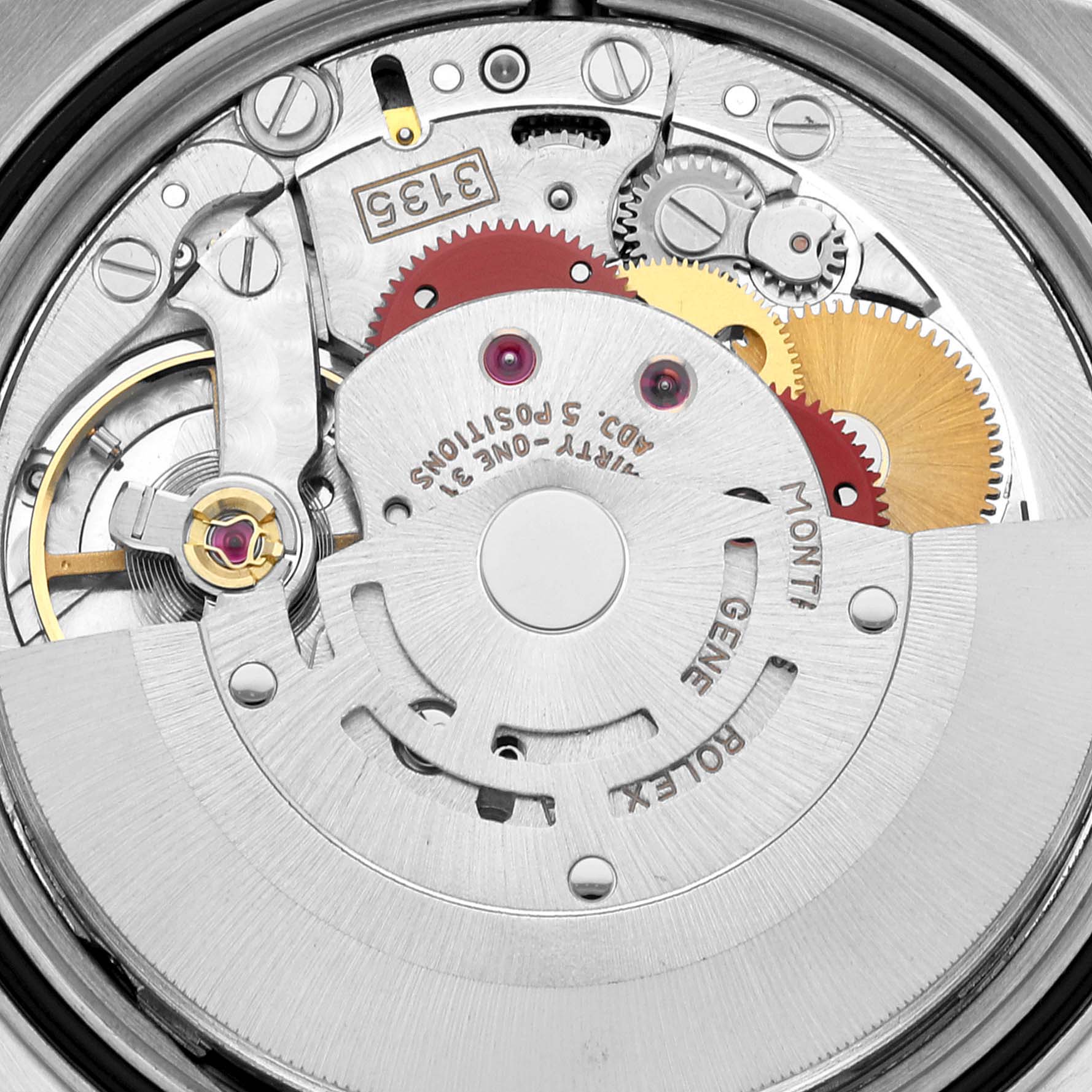 This image shows the internal mechanical movement of a Rolex Datejust 16233 Men's Steel and Gold (two tone) Black Dial 16233 Men's Steel and Gold (two tone) Black Dial watch from a top-down angle.