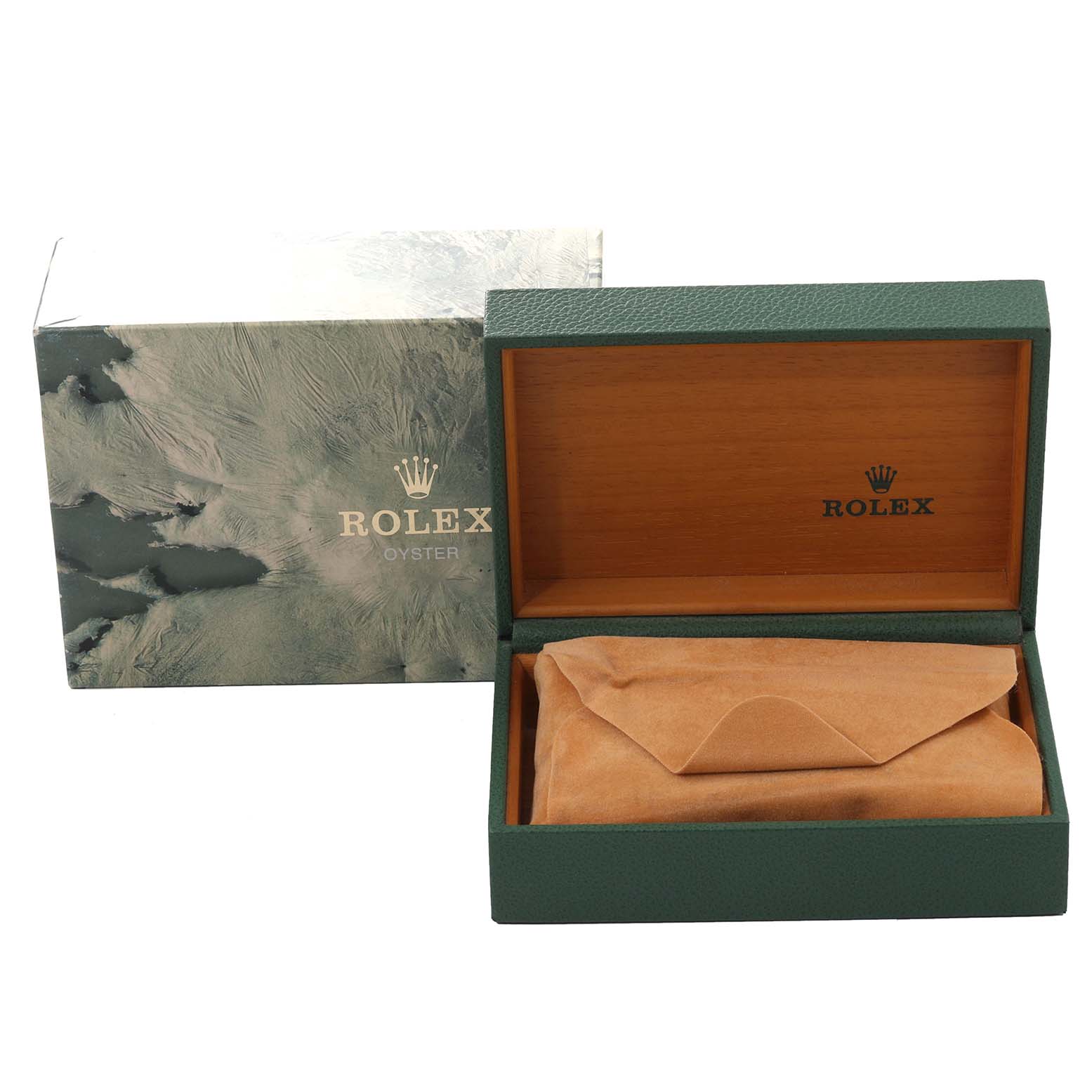The image shows the opened packaging box for a Rolex Datejust 16233 Men's Steel and Gold (two tone) Black Dial 16233 Men's Steel and Gold (two tone) Black Dial watch with an outer box and an inner cushioned case.