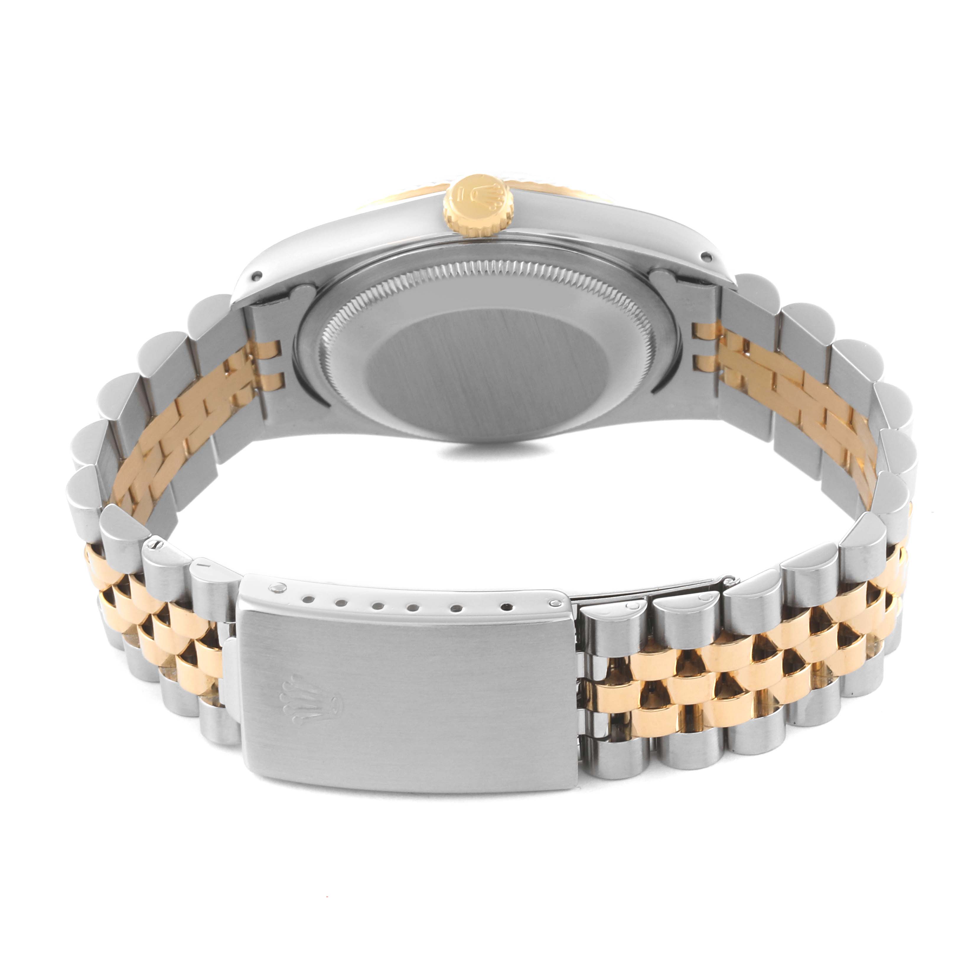 The image shows the back, clasp, and bracelet of the Rolex Datejust 16233 Men's Steel and Gold (two tone) Black Dial 16233 Men's Steel and Gold (two tone) Black Dial watch.