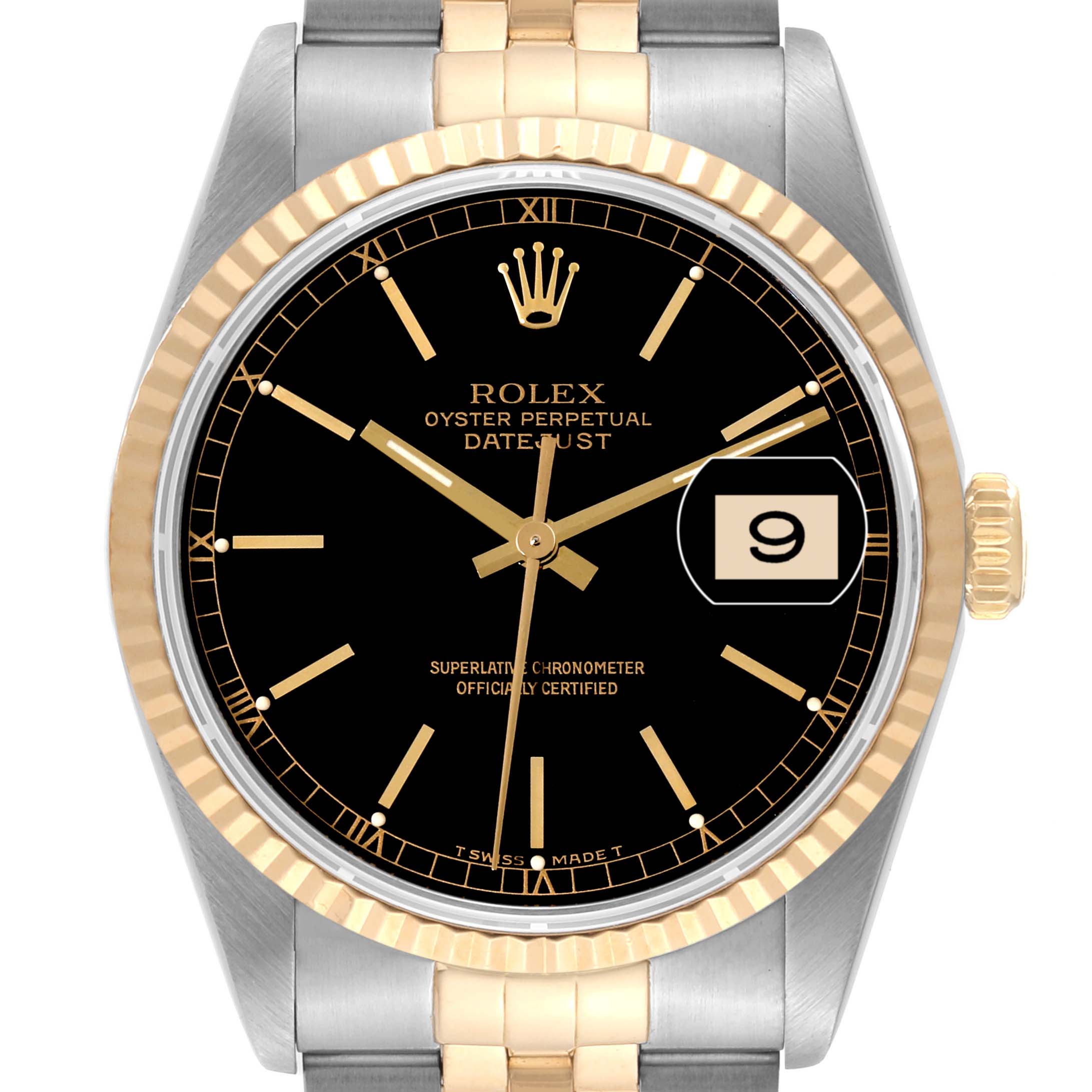 The image shows a front view of the Rolex Datejust 16233 Men's Steel and Gold (two tone) Black Dial 16233 Men's Steel and Gold (two tone) Black Dial watch, highlighting its black dial, gold hands, fluted bezel, and date window.
