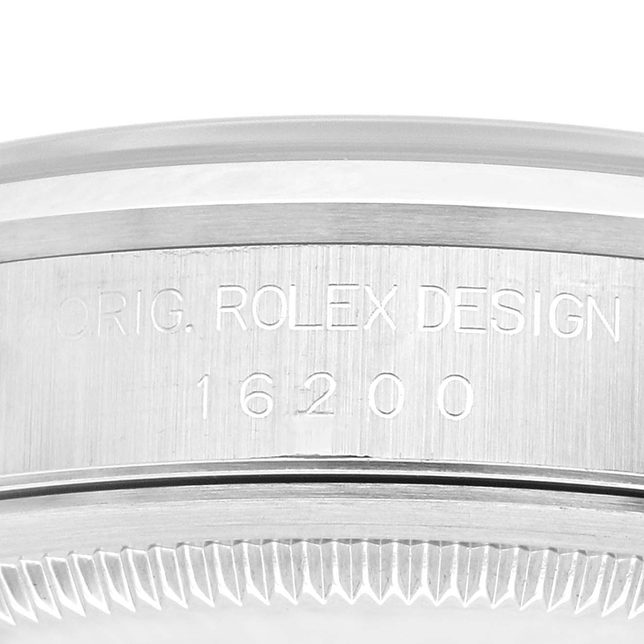 This image shows a close-up of the case side and bezel of a Rolex Datejust 16200 Men's Stainless Steel Black Dial 16200 Men's Stainless Steel Black Dial model, featuring model number 16200 engraving.