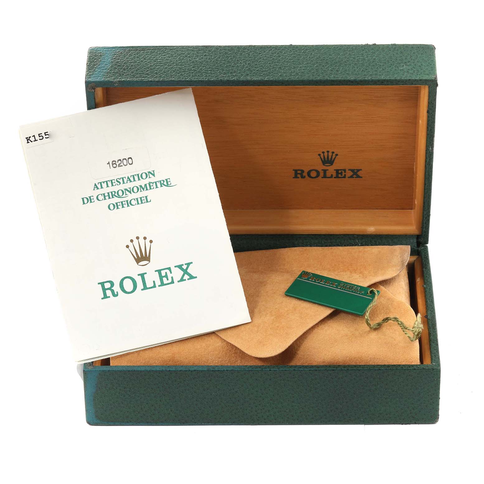 The image shows an open Rolex Datejust 16200 Men's Stainless Steel Black Dial 16200 Men's Stainless Steel Black Dial box with the official chronometer certification and a tag.