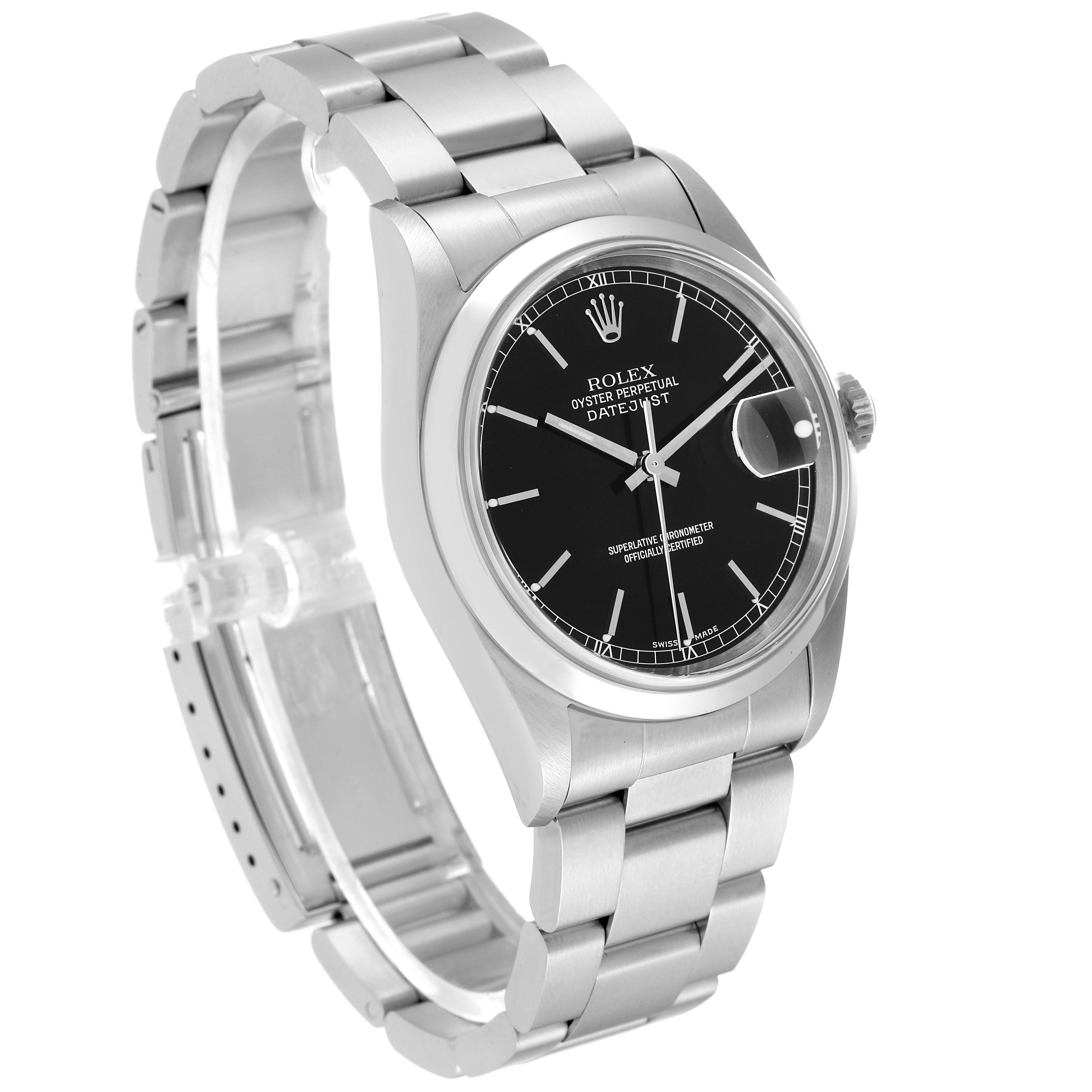 The Rolex Datejust 16200 Men's Stainless Steel Black Dial 16200 Men's Stainless Steel Black Dial watch is shown at a three-quarter angle, highlighting the dial, bracelet, and clasp.