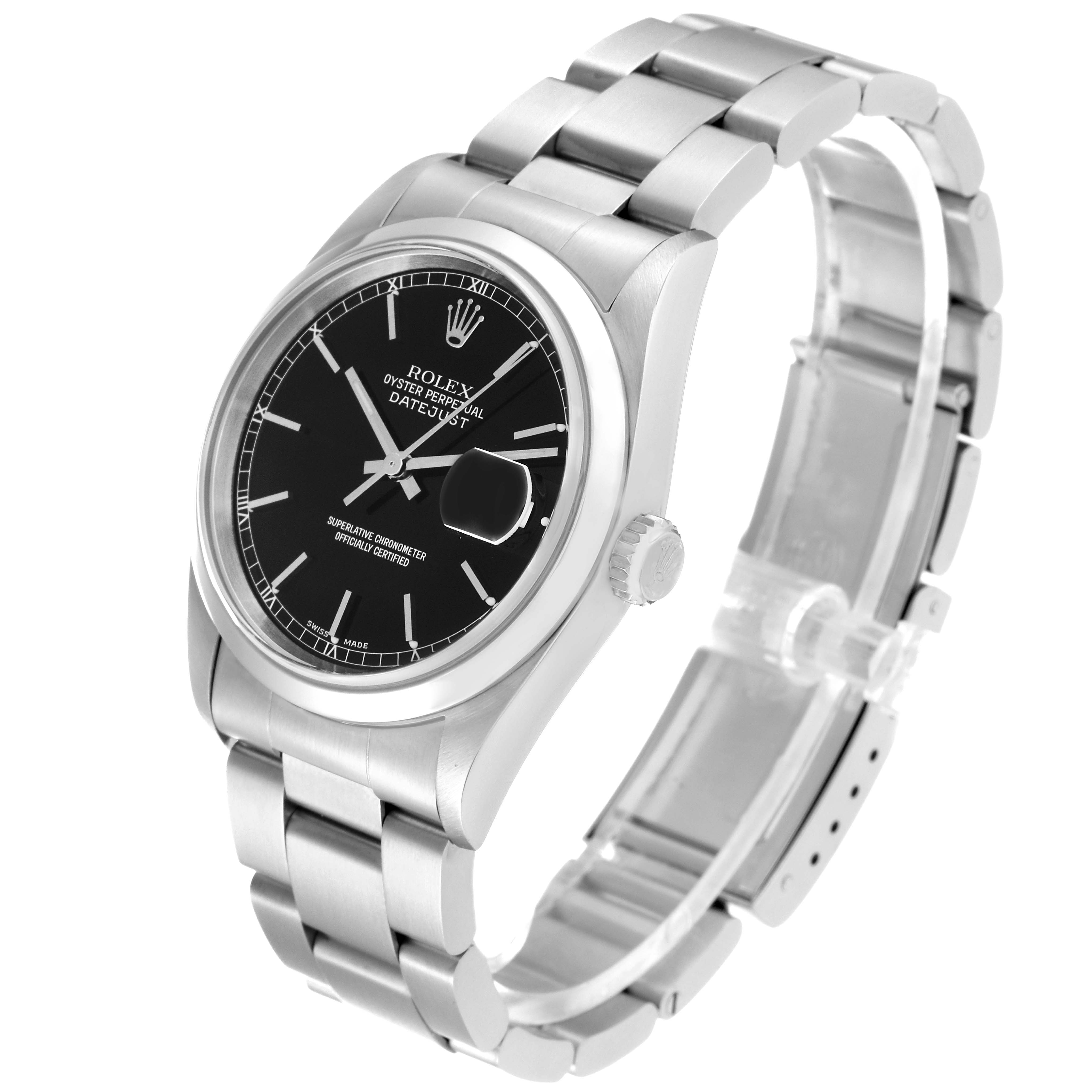 The image shows a Rolex Datejust 16200 Men's Stainless Steel Black Dial 16200 Men's Stainless Steel Black Dial watch at a three-quarter angle, highlighting its face, bezel, crown, and bracelet.