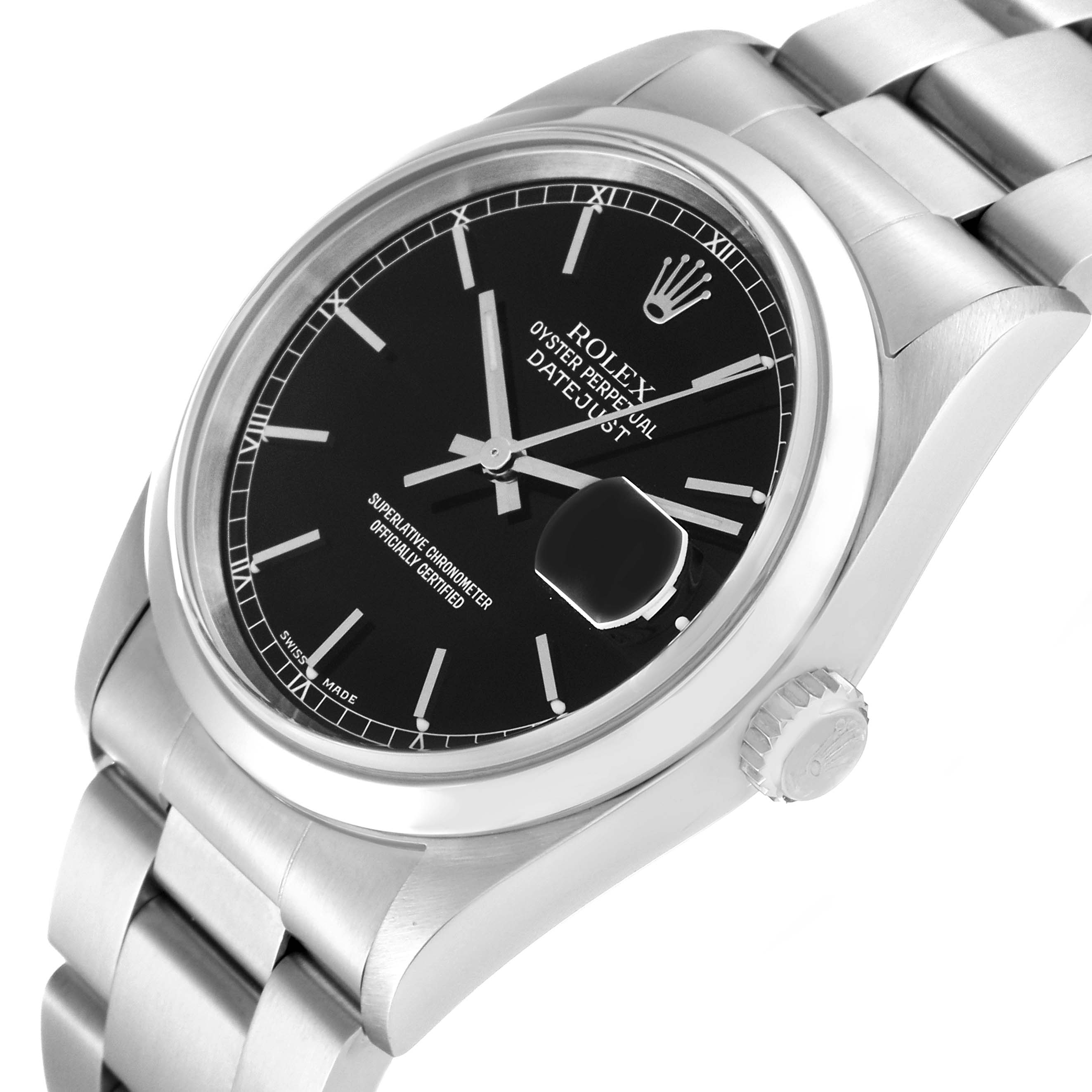 The image shows a close-up angled view of a Rolex Datejust 16200 Men's Stainless Steel Black Dial 16200 Men's Stainless Steel Black Dial watch, highlighting its face, bracelet, and crown.