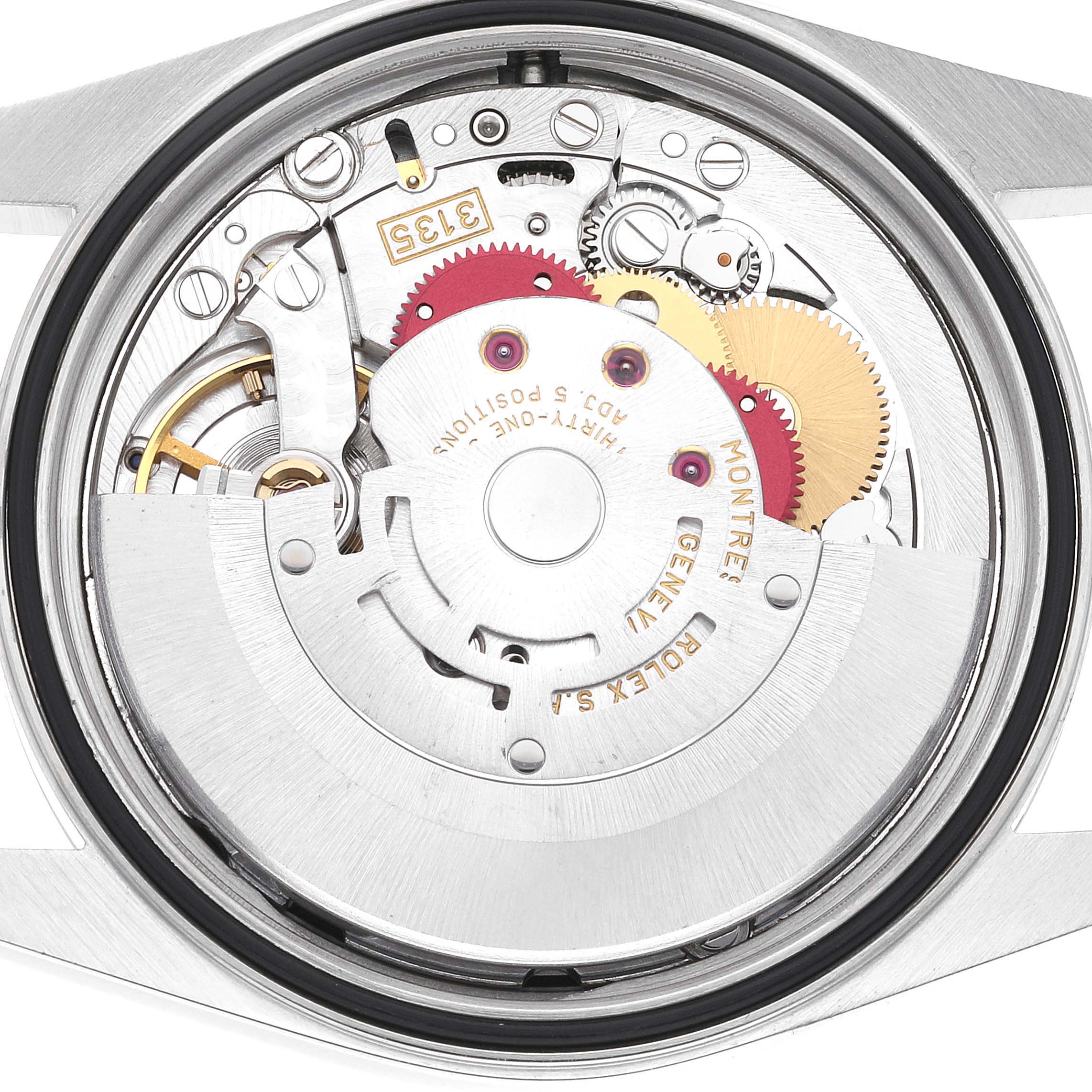 This is the back view of a Rolex Datejust 16200 Men's Stainless Steel Black Dial 16200 Men's Stainless Steel Black Dial watch, showing its intricate internal mechanics and movement parts.