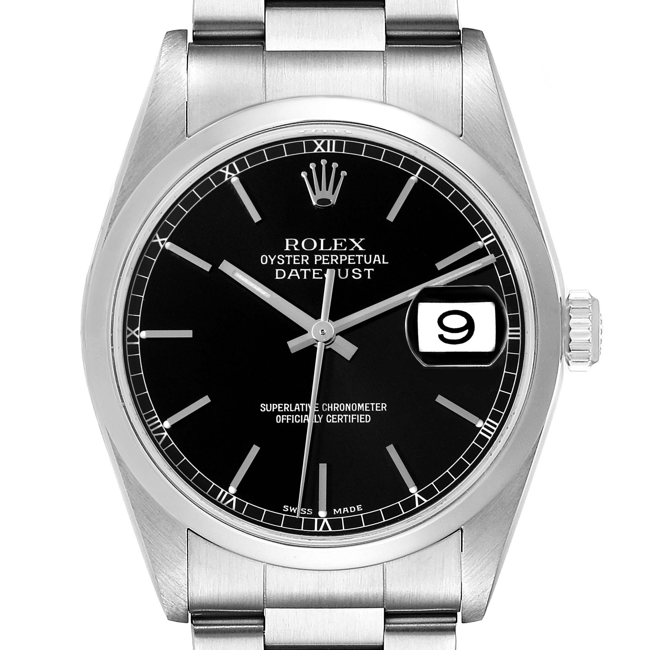 This image shows a Rolex Datejust 16200 Men's Stainless Steel Black Dial 16200 Men's Stainless Steel Black Dial watch from a front angle, highlighting the black dial, date window, crown, and stainless steel bracelet.