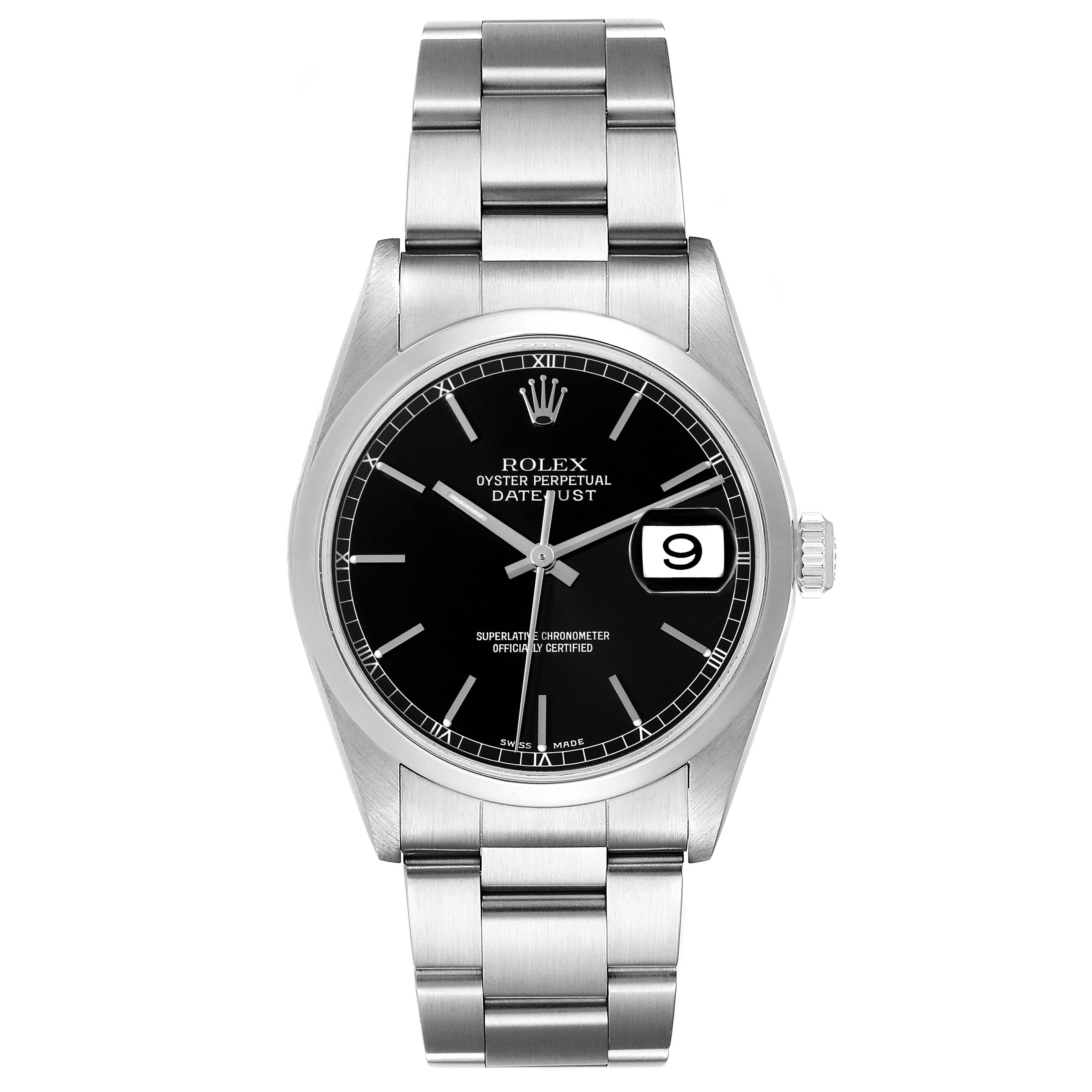 The image shows a front view of a Rolex Datejust 16200 Men's Stainless Steel Black Dial 16200 Men's Stainless Steel Black Dial watch, highlighting its black dial, bracelet, and cyclops date window.