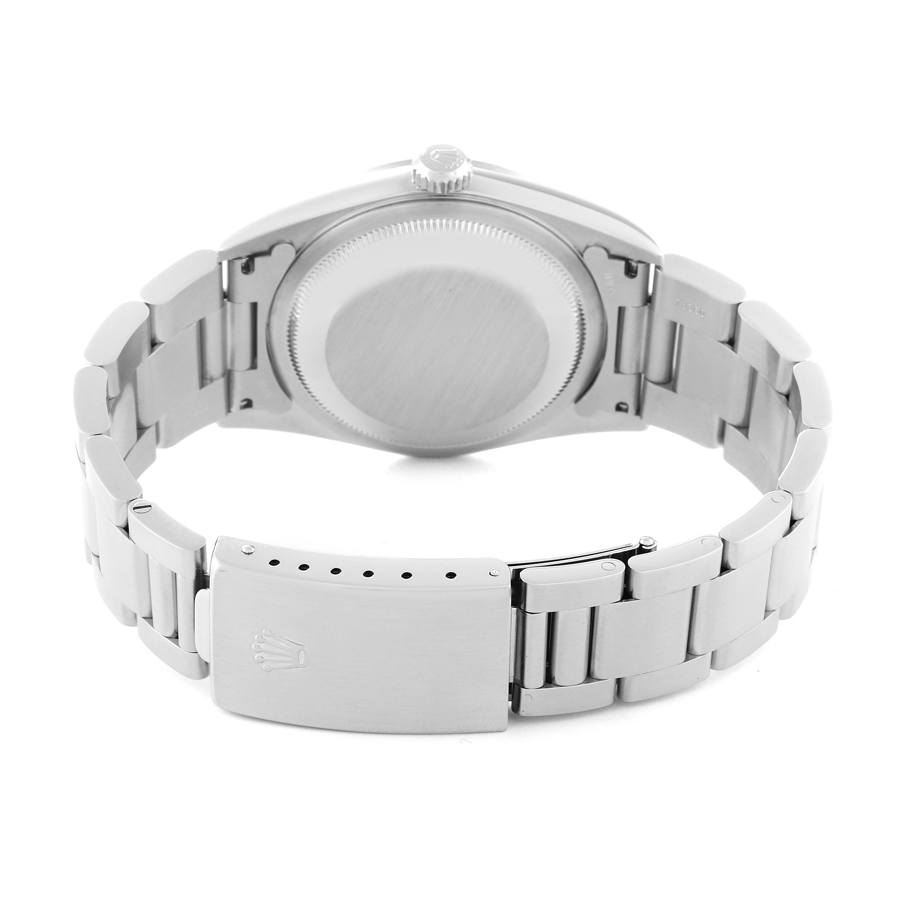 This image shows the back case and bracelet clasp of a Rolex Datejust 16200 Men's Stainless Steel Black Dial 16200 Men's Stainless Steel Black Dial watch.