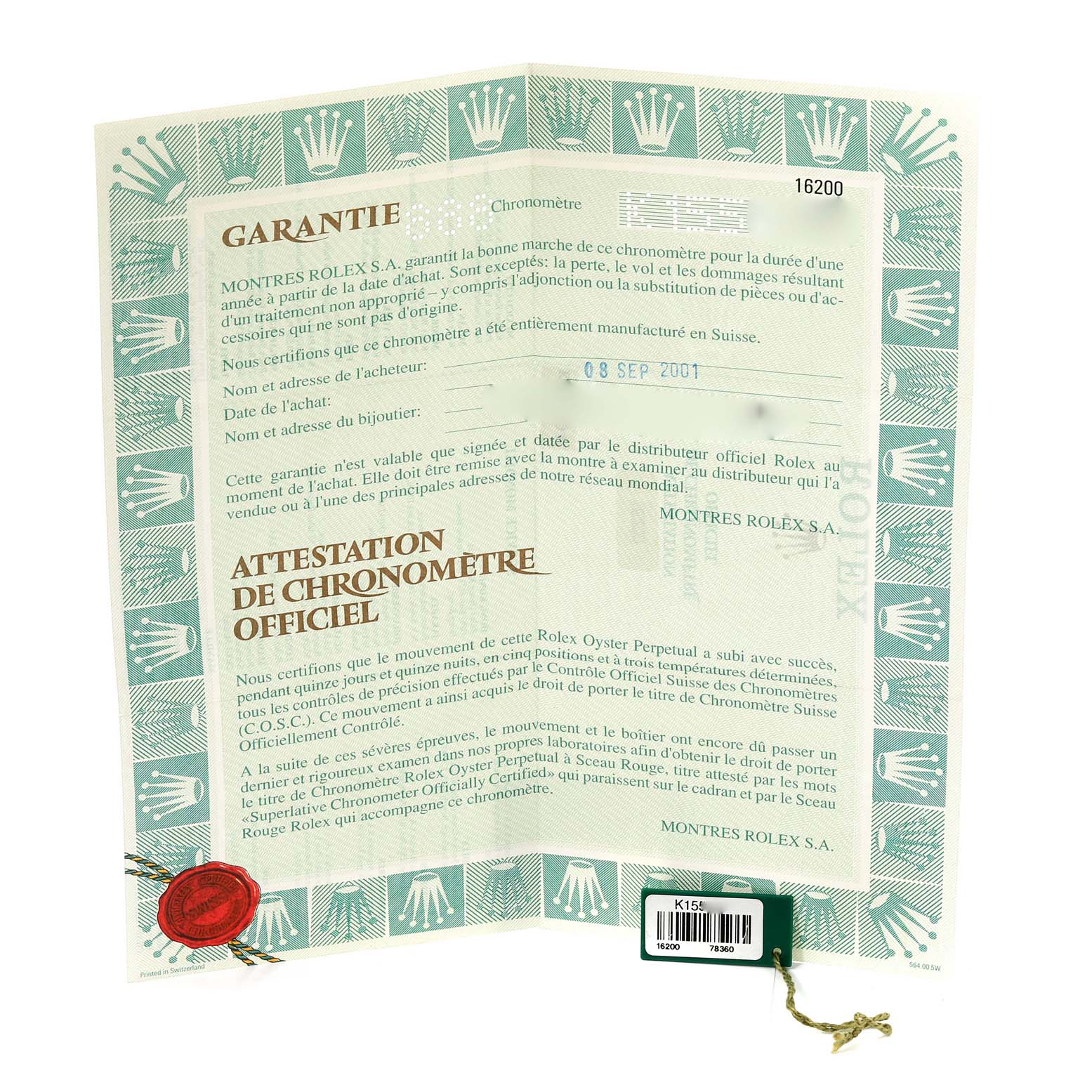 The image shows the guarantee and chronometer certification papers for the Rolex Datejust 16200 Men's Stainless Steel Black Dial 16200 Men's Stainless Steel Black Dial model, dated 08 SEP 2001.