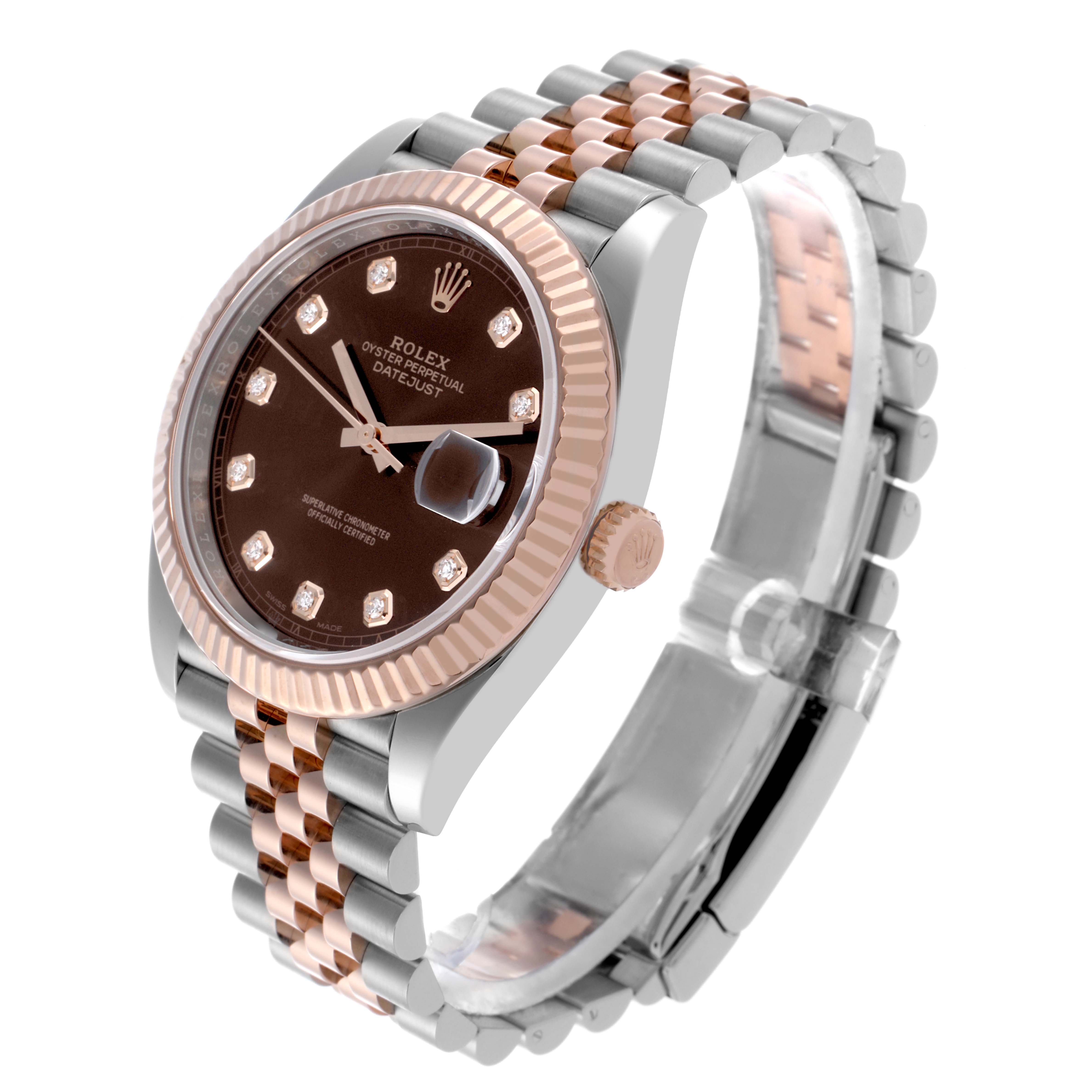 The Rolex Datejust 41 126331 Men
s Steel and Gold (two tone) Brown Dial 126331 Men
s Steel and Gold (two tone) Brown Dial watch is shown at a tilted angle, highlighting its brown dial, fluted bezel, and two-tone bracelet.
