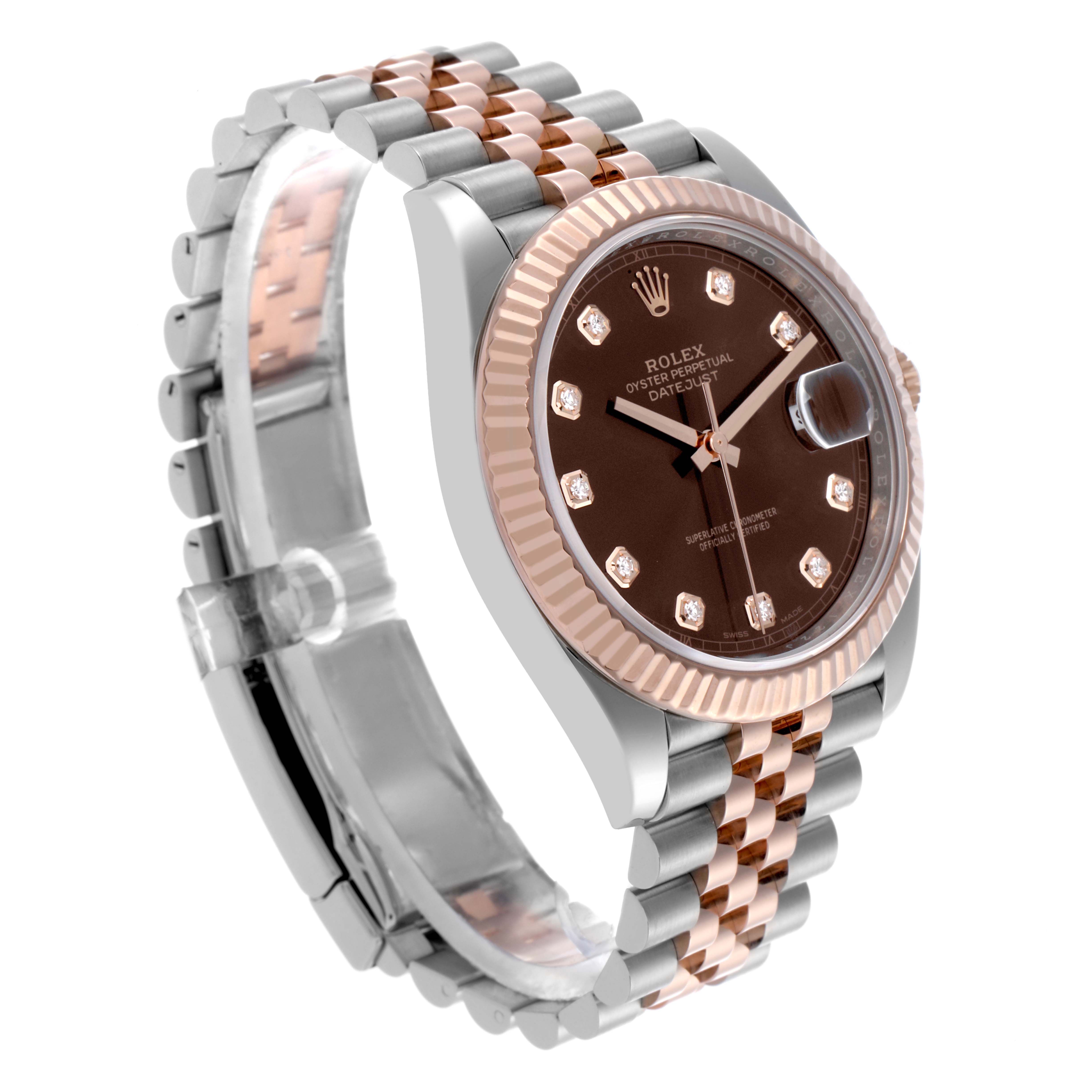The Rolex Datejust 41 126331 Men
s Steel and Gold (two tone) Brown Dial 126331 Men
s Steel and Gold (two tone) Brown Dial is shown at a slight angle highlighting the chocolate dial, diamond markers, fluted bezel, and Jubilee bracelet.