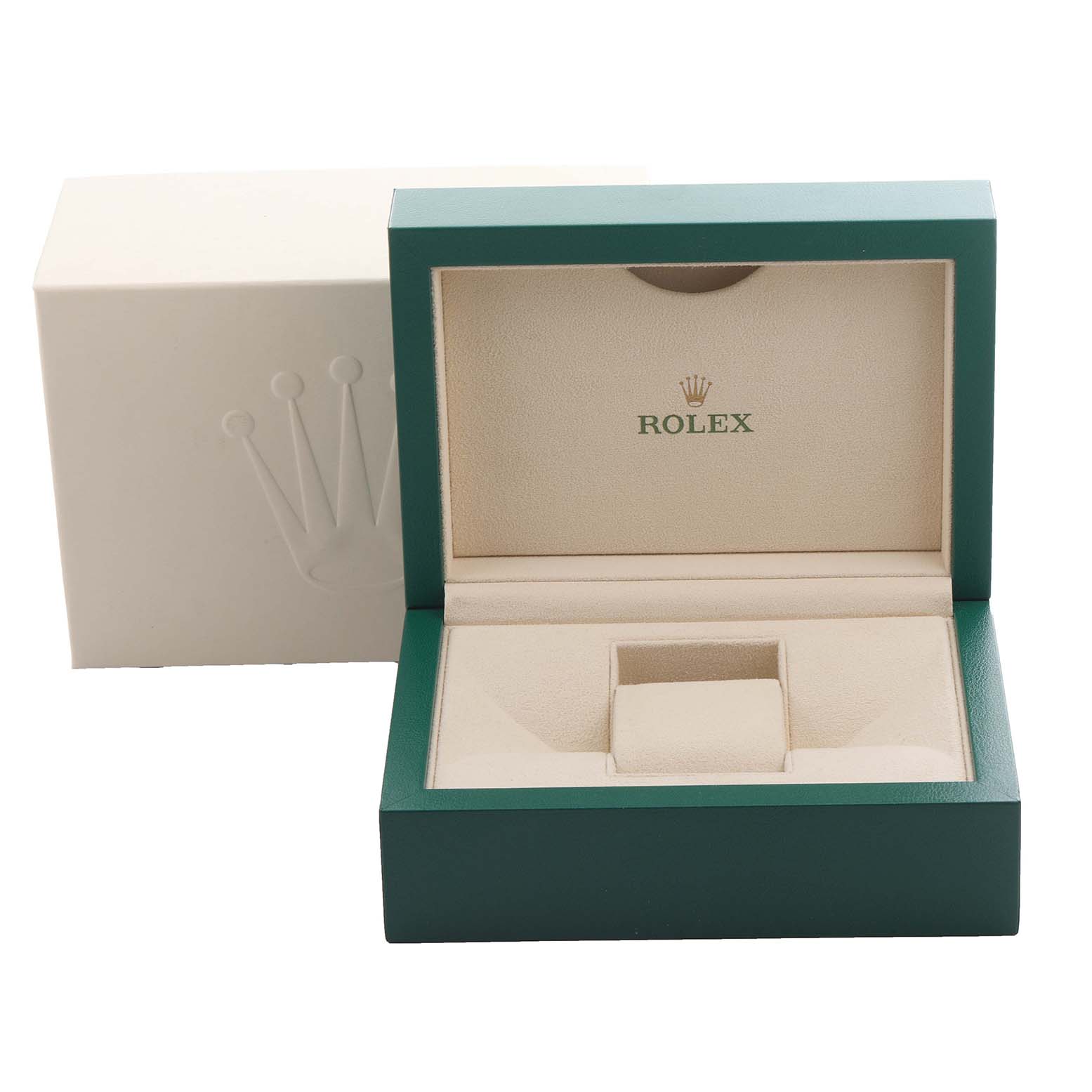 The image shows an open green and beige box for a Rolex Datejust 41 126331 Men
s Steel and Gold (two tone) Brown Dial 126331 Men
s Steel and Gold (two tone) Brown Dial watch, with the logo visible inside the lid.