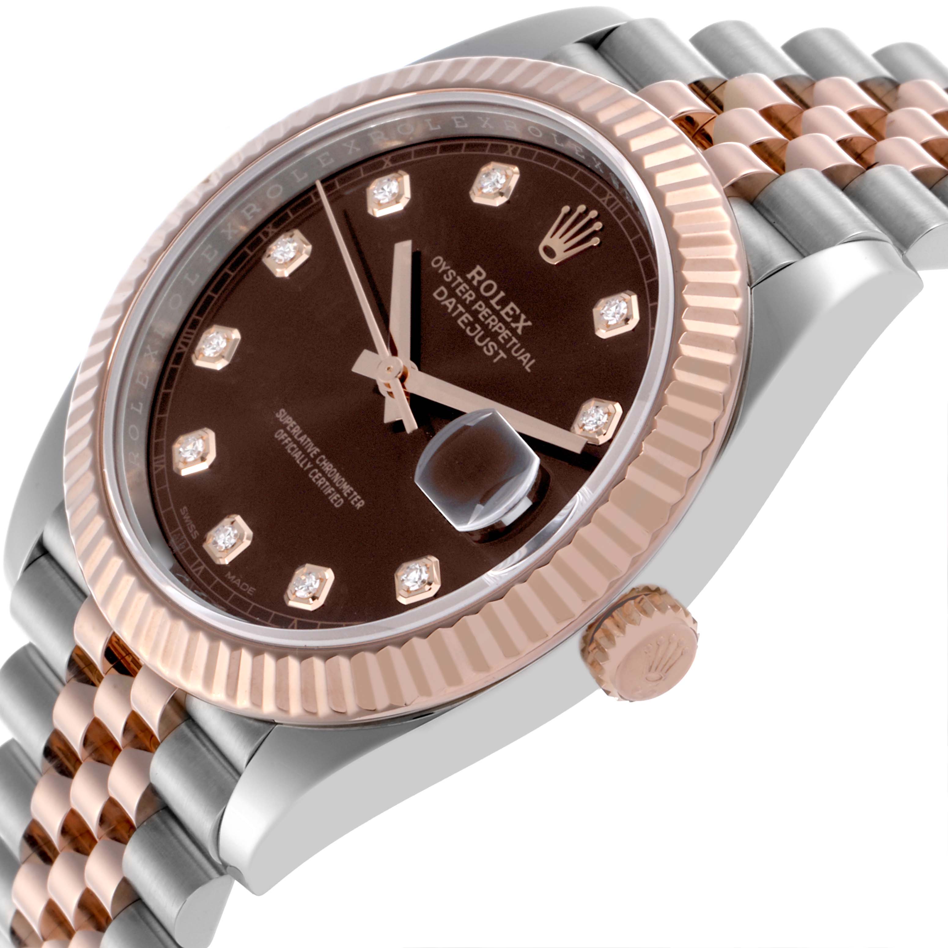 The Rolex Datejust 41 126331 Men
s Steel and Gold (two tone) Brown Dial 126331 Men
s Steel and Gold (two tone) Brown Dial is shown from an angled side view, highlighting the dial, fluted bezel, crown, and jubilee bracelet.
