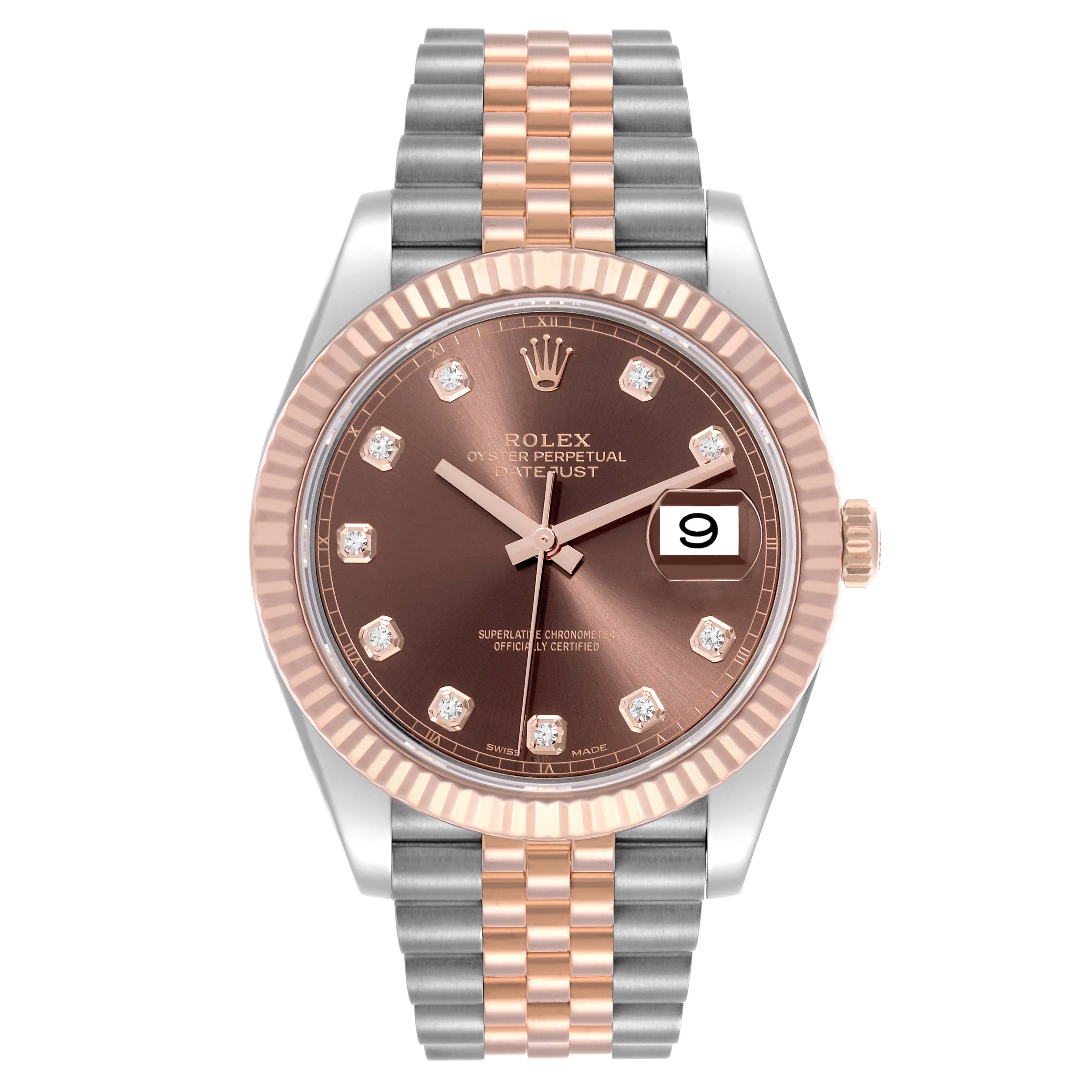 The Rolex Datejust 41 126331 Men
s Steel and Gold (two tone) Brown Dial 126331 Men
s Steel and Gold (two tone) Brown Dial is shown from the front, highlighting its face, bezel, and bracelet.